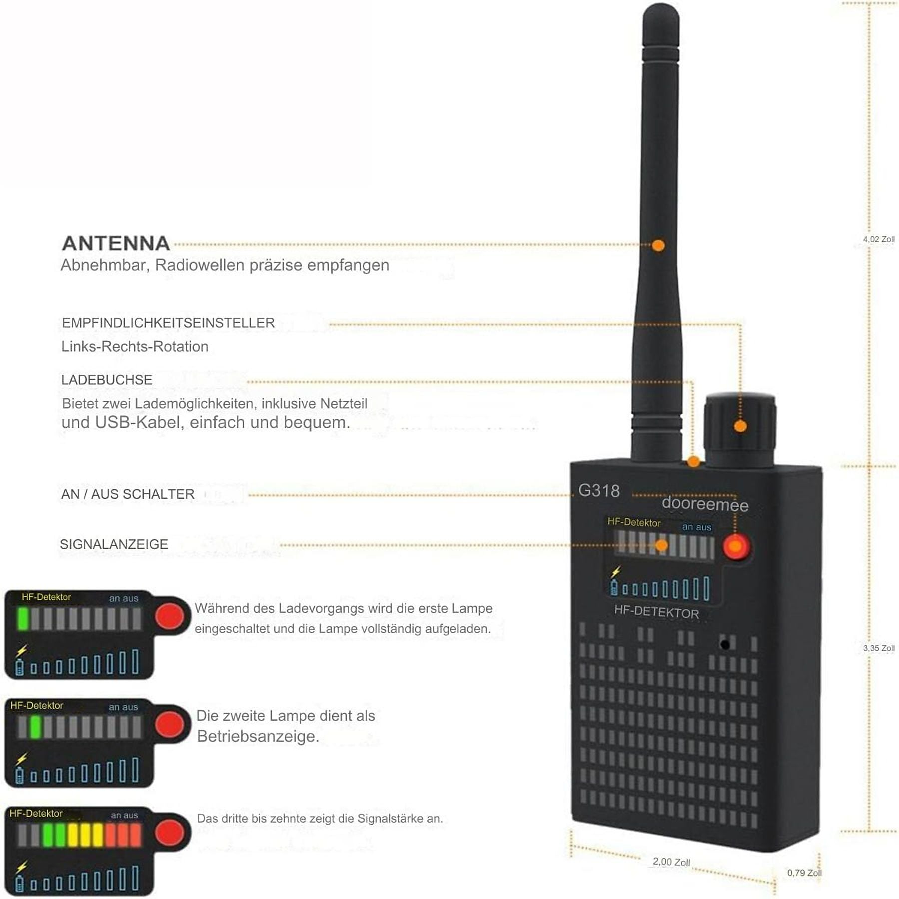 Ein schwarzes HF-Detektor-Gerät mit Antenne, Regler und Signal-/Ladeanzeigen.
