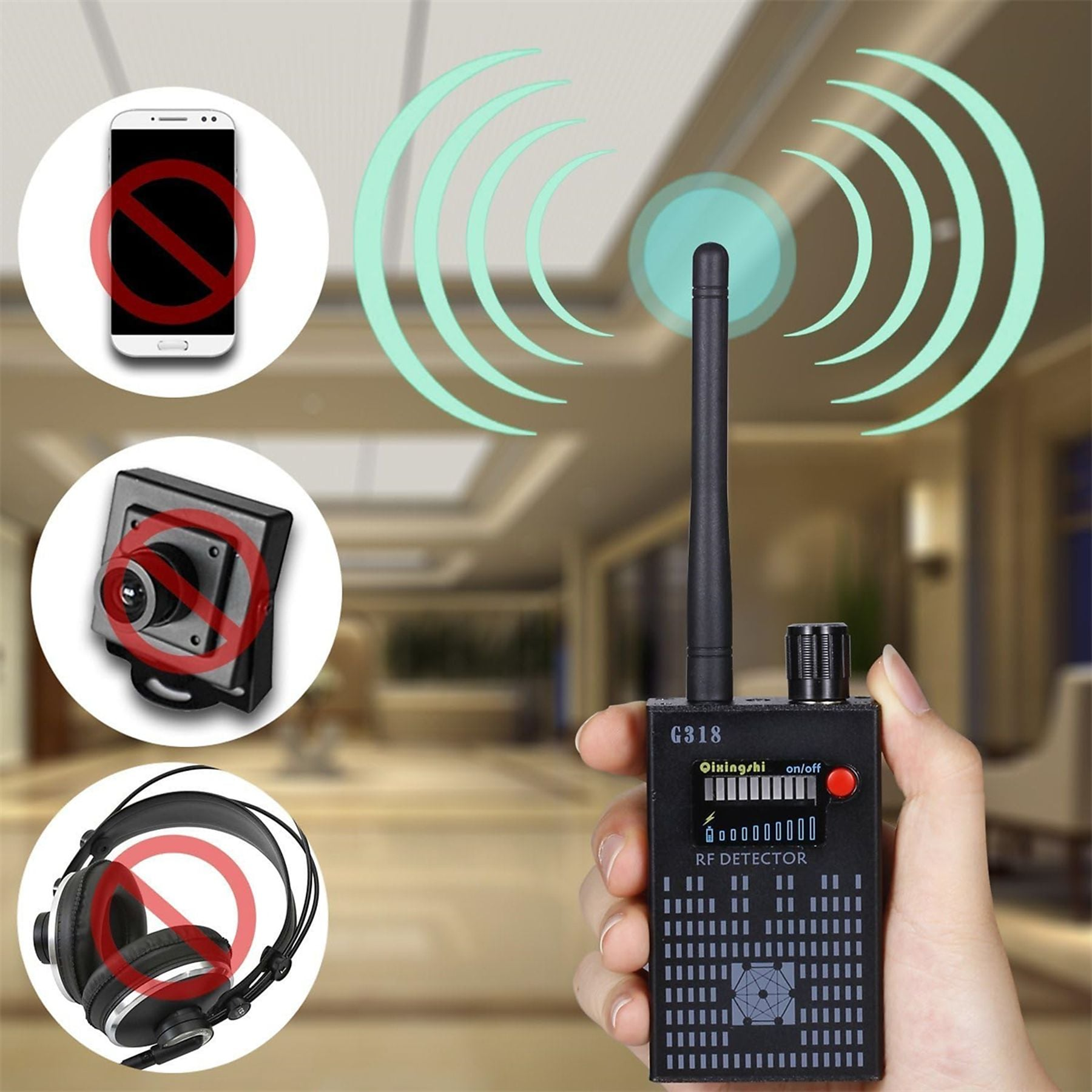 Ein RF-Detektor in der Hand, der ein Signal erkennt. Symbole für Handy, Kamera und Kopfhörer mit rotem Verbot.