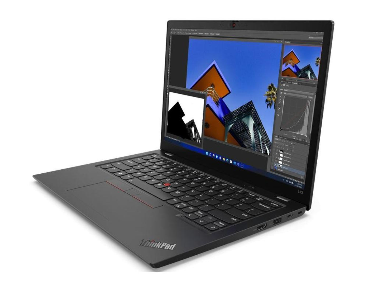 Ein schwarzer Laptop mit ThinkPad-Logo, der ein Bildbearbeitungsprogramm anzeigt.