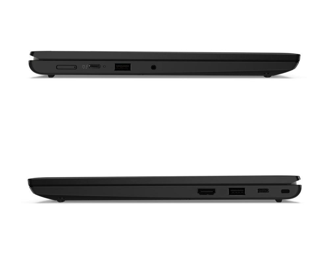 Seitenansicht eines schwarzen Laptops mit Anschlüssen wie USB-C, HDMI und USB-A.