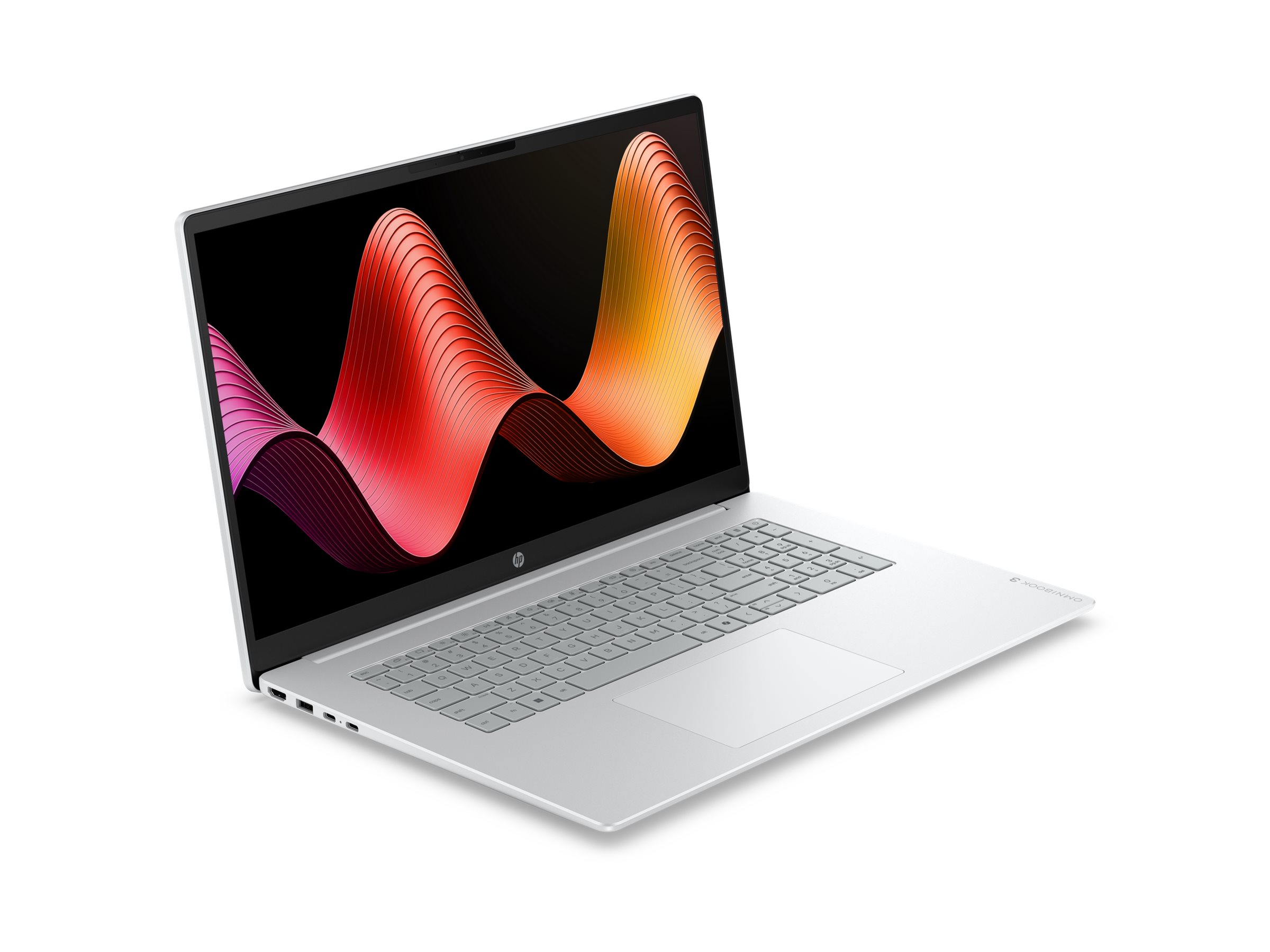 Ein offenes silbernes HP-Laptop mit einem bunten Wellenmuster auf dem Bildschirm.