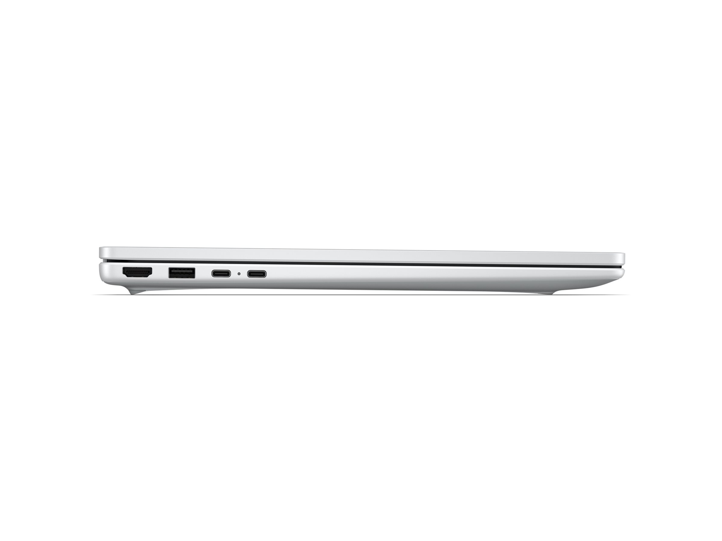 Seite eines weißen Laptops mit HDMI-, USB-A- und USB-C-Anschlüssen.