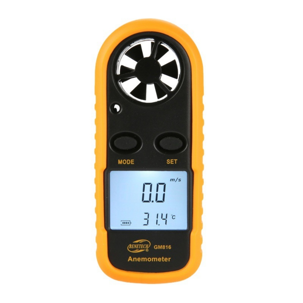 Orange und schwarzes digitales Anemometer mit LCD-Display, das 0,0 m/s und 31,4°C anzeigt.
