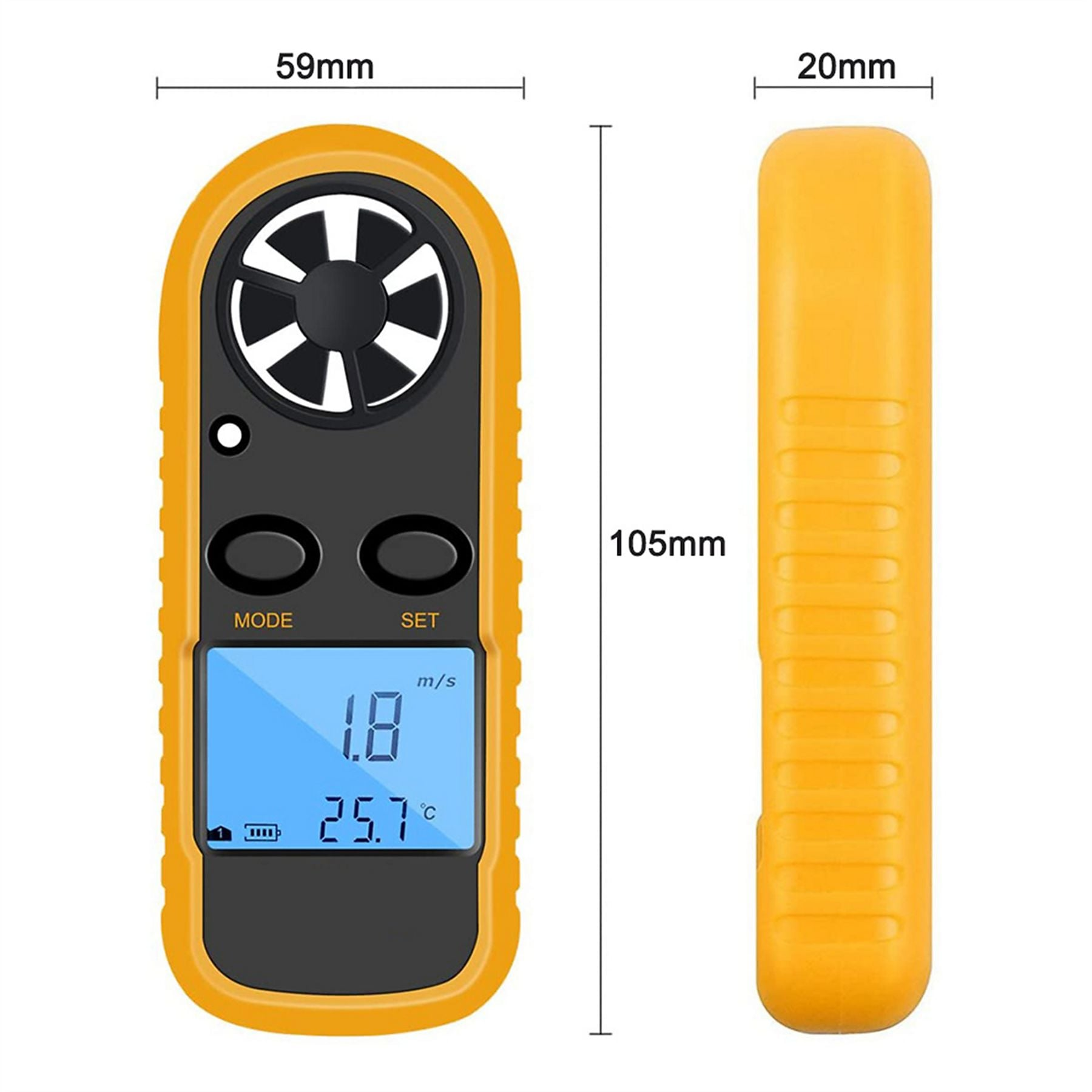 Gelbes Anemometer mit Display zeigt 1.8 m/s und 25.7°C. Maße 59x105x20mm.