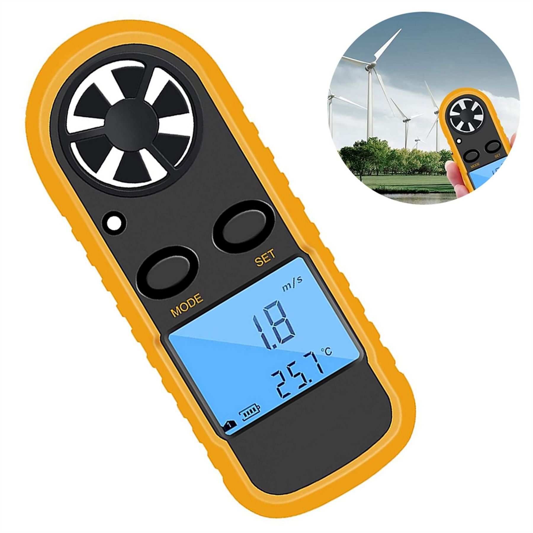 Ein gelbes Anemometer mit einem schwarzen Bildschirm, der Windgeschwindigkeit und Temperatur anzeigt, im Hintergrund Windräder.