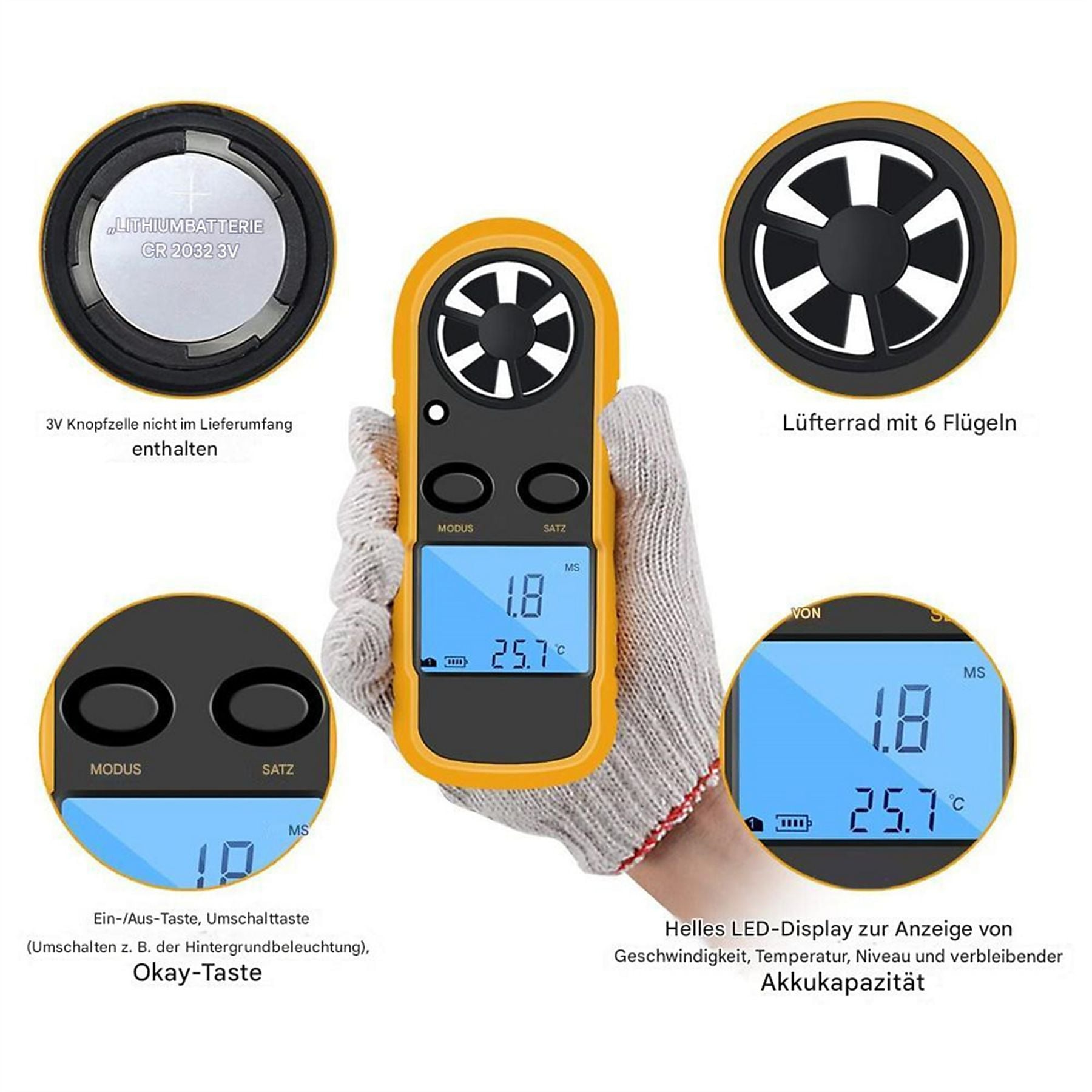 Ein gelbes Messgerät mit Lüfterrad und LED-Display zeigt Geschwindigkeit und Temperatur an.