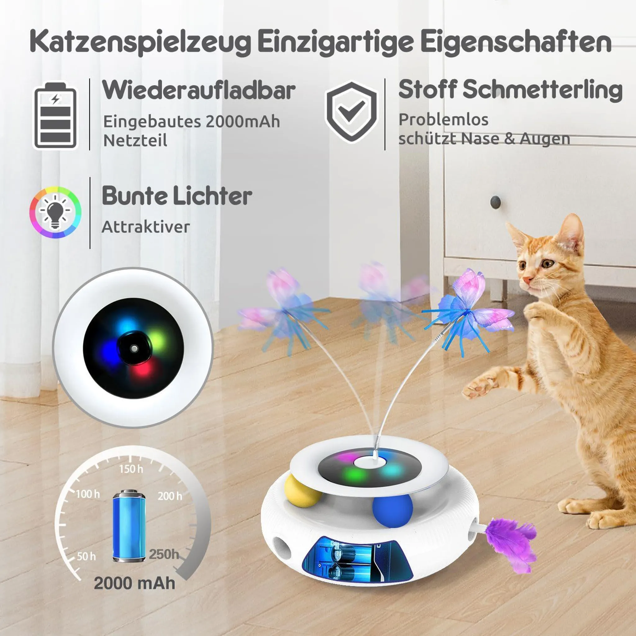 Ein Kätzchen spielt mit einem interaktiven Spielzeug mit Schmetterlingen und bunten Lichtern.