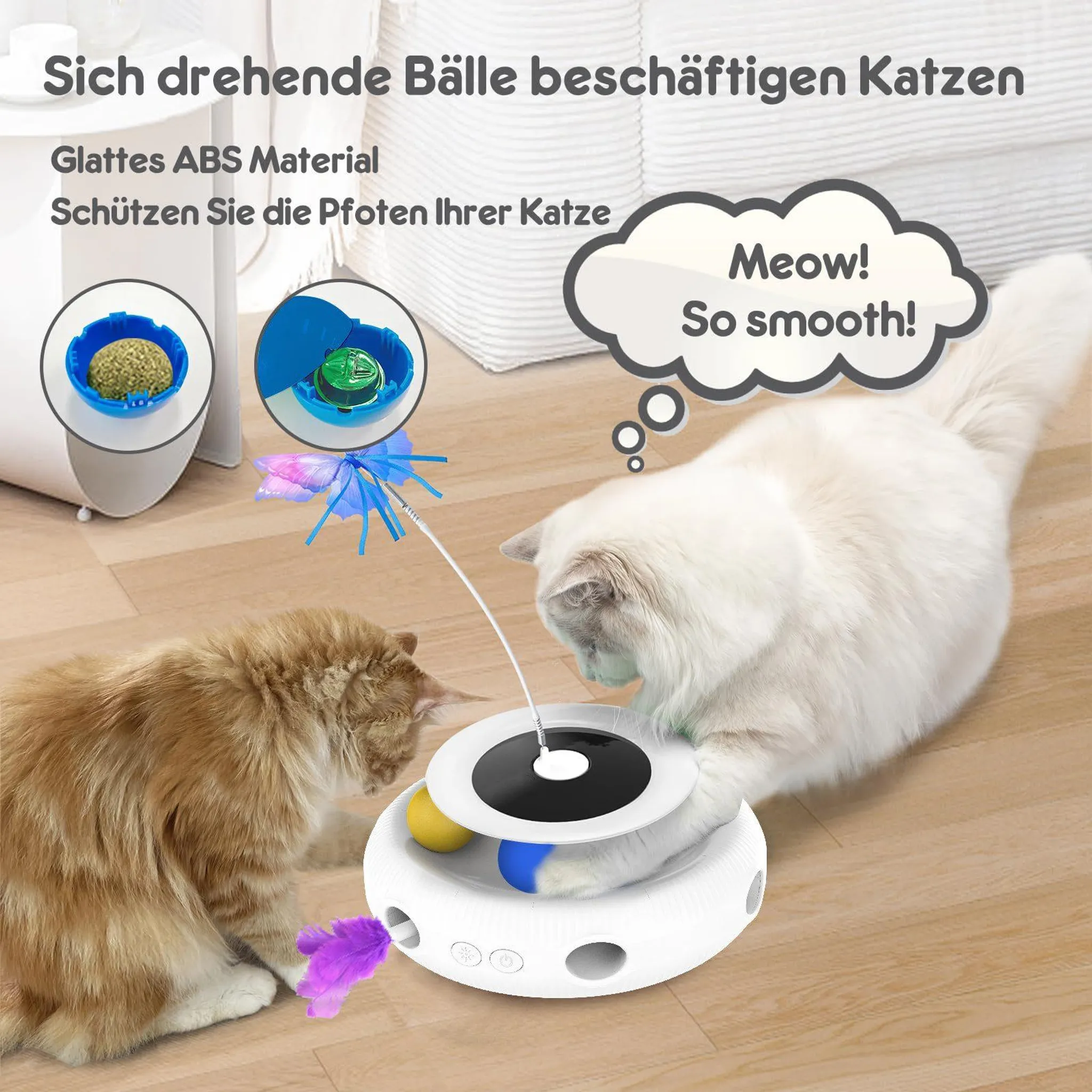 Zwei Katzen spielen mit einem interaktiven Spielzeug mit Bällen und Federn.