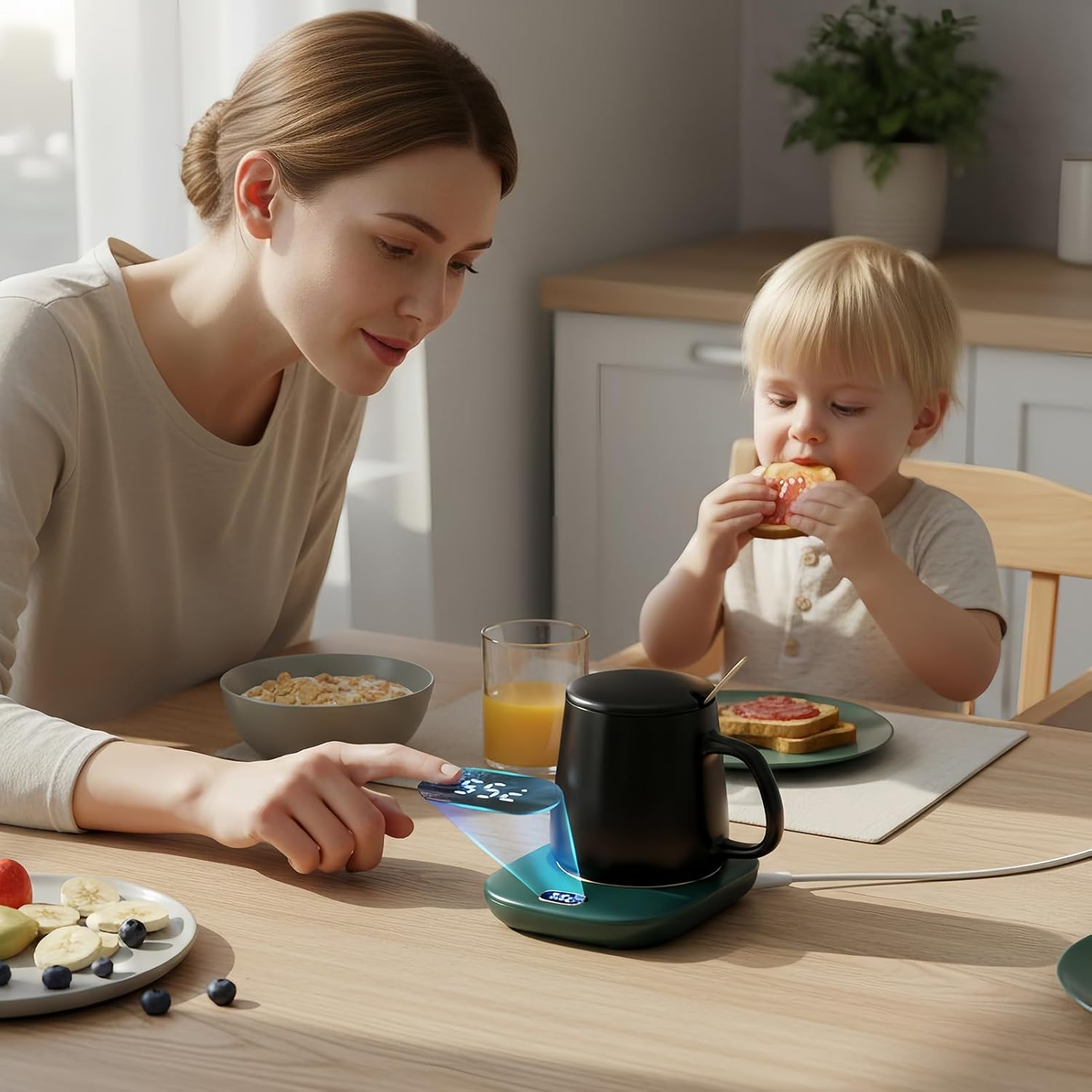 Eine Frau und ein Kind sitzen am Tisch. Die Frau bedient einen Tassenwärmer, das Kind isst.