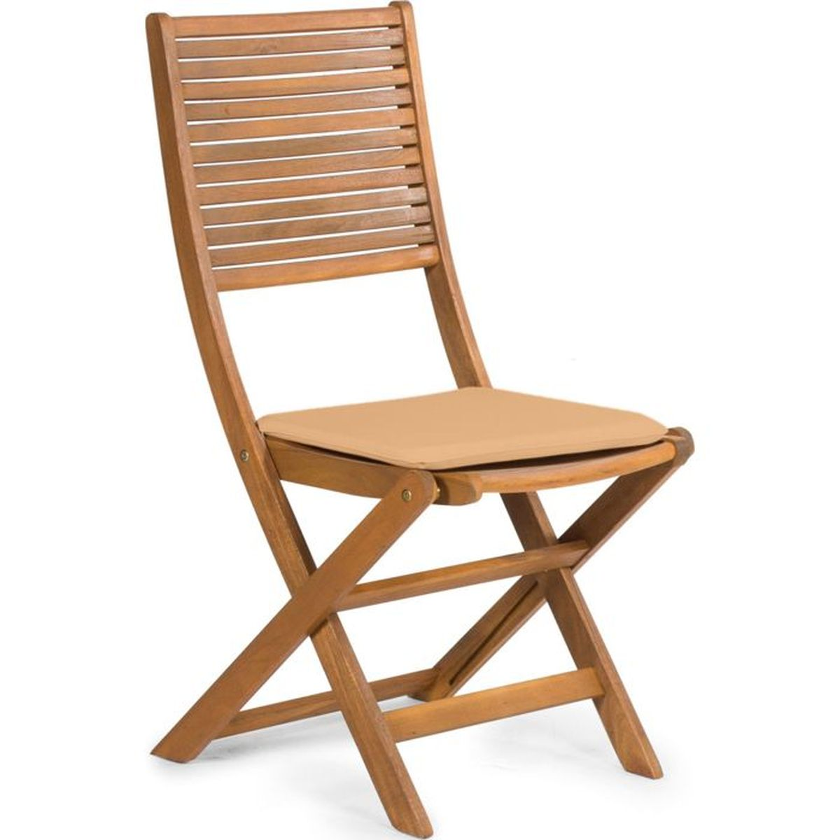 Eine hölzerne Klappstuhl mit gepolsterter Sitzfläche steht vor weißem Hintergrund.