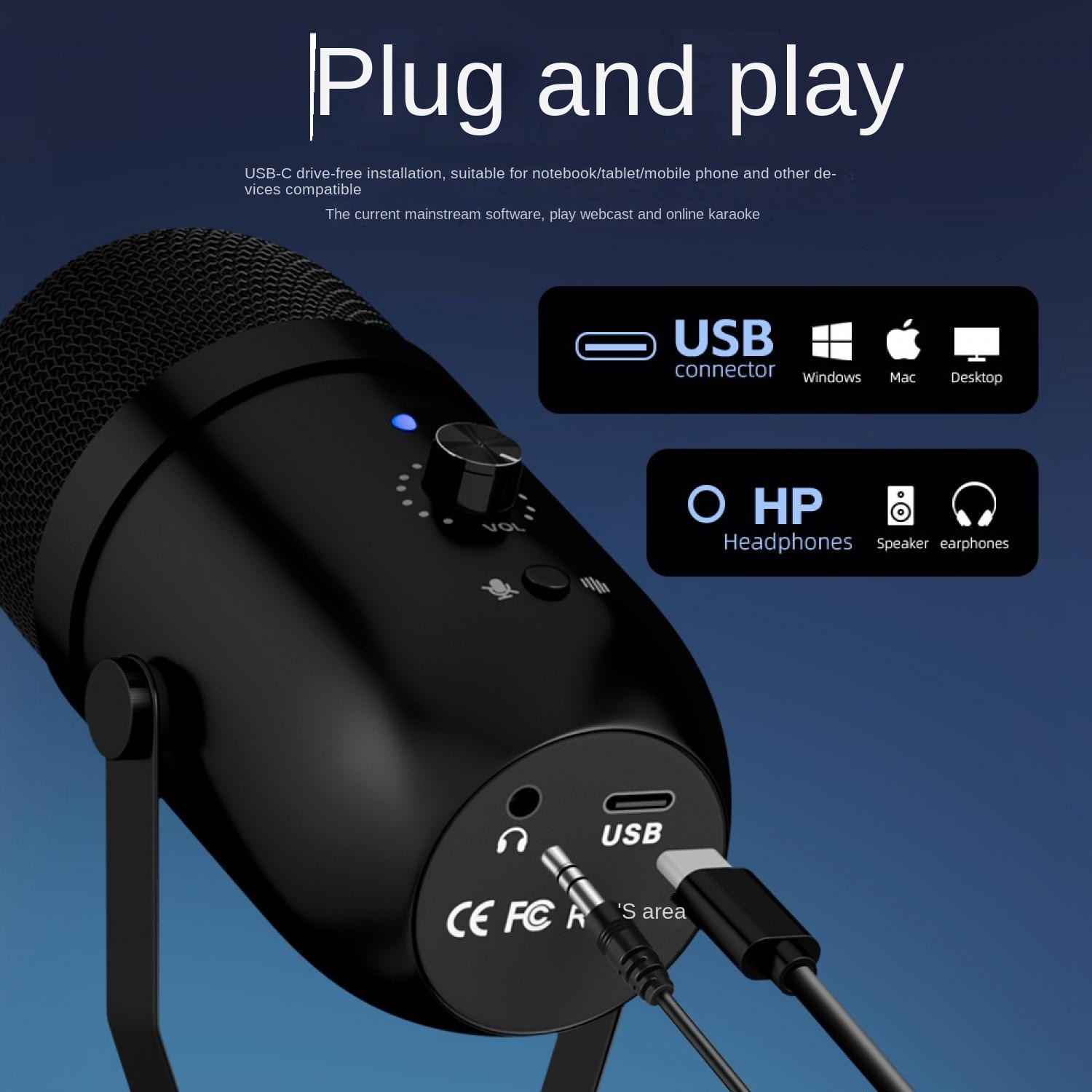 Schwarzes USB-Mikrofon mit Lautstärkeregler und Kabeln, kompatibel mit Windows, Mac.