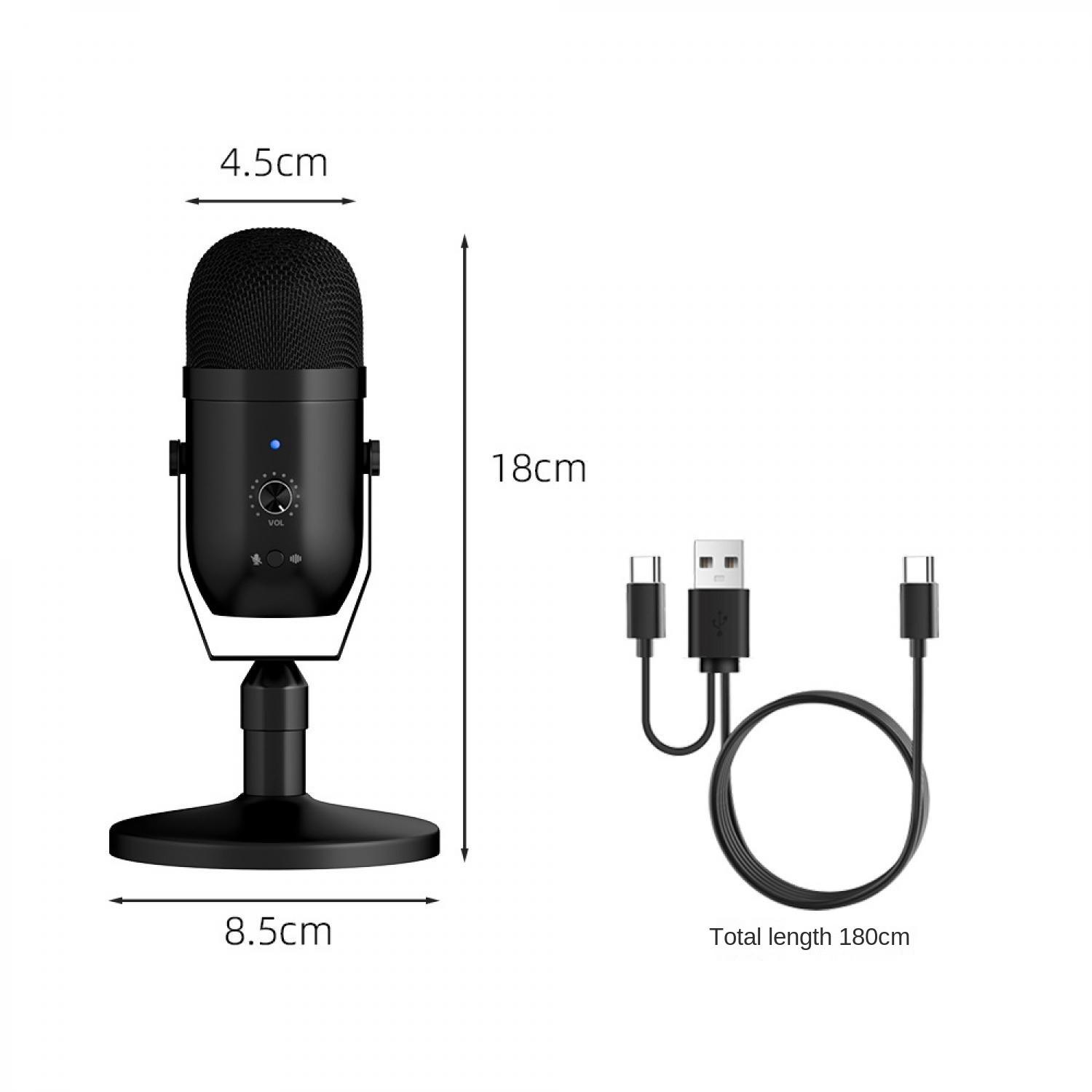 Schwarzes Mikrofon mit Ständer (18cm hoch), USB-Kabel (180cm) mit USB-A und USB-C Stecker.