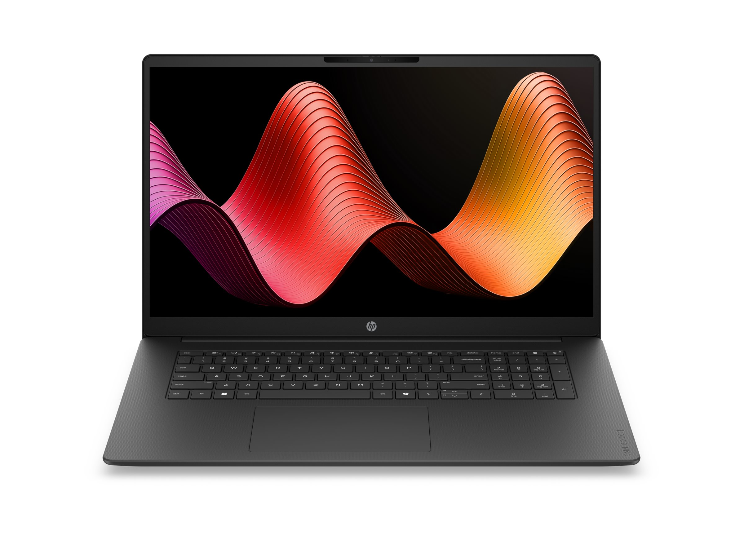 Schwarzer Laptop mit bunter Wellen-Grafik auf dem Bildschirm.