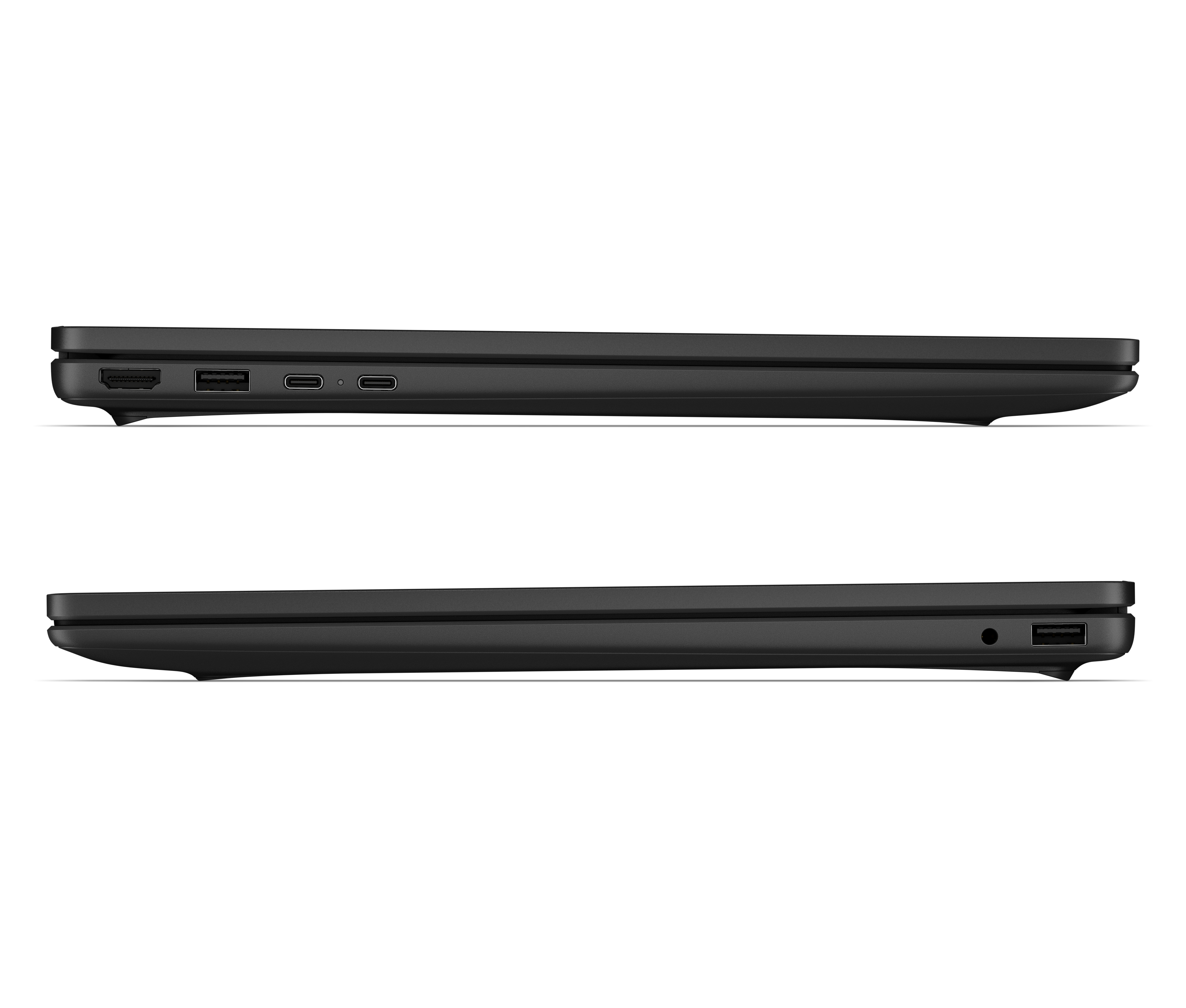 Schwarzer Laptop mit Anschlüssen: HDMI, USB-C, USB-A an der Seite.