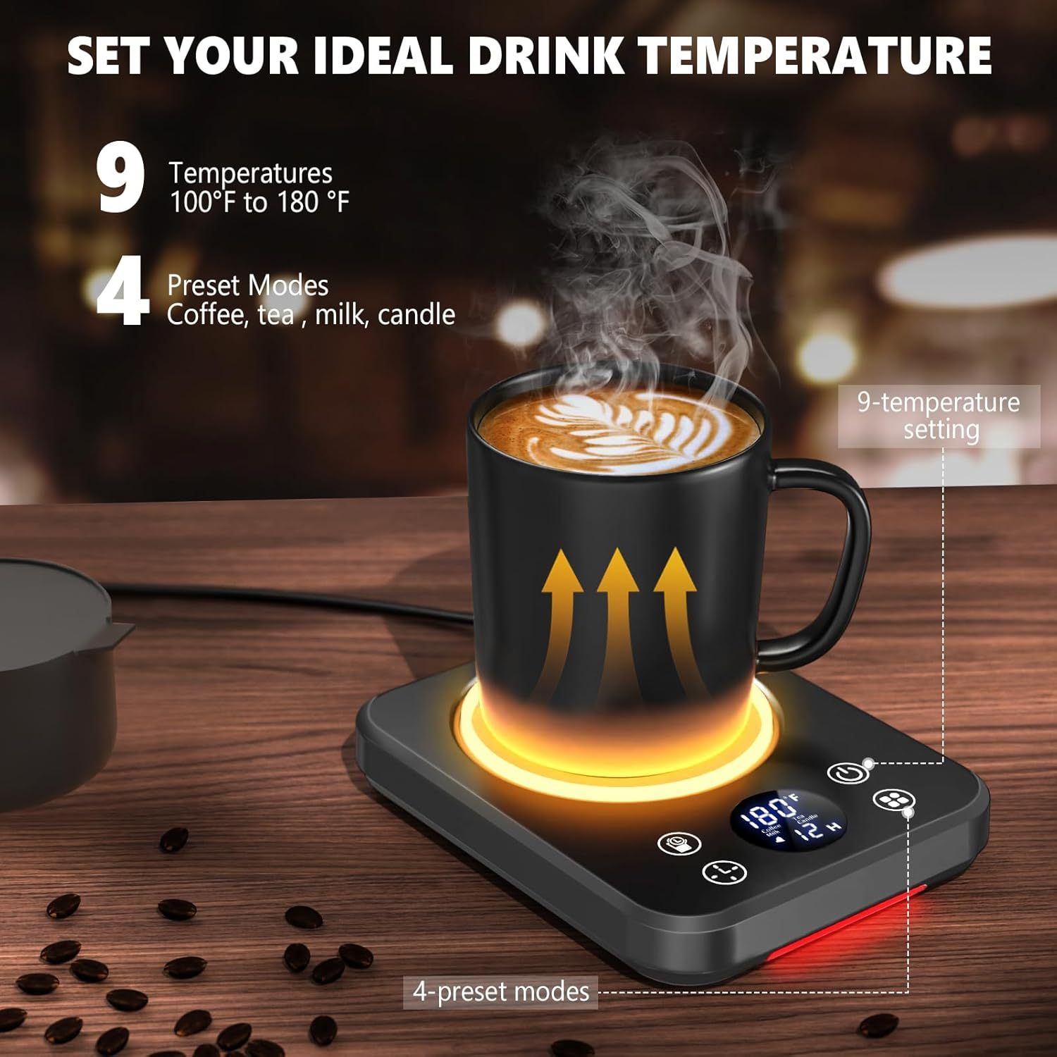 Ein schwarzer Becher mit dampfendem Kaffee auf einer Heizplatte mit Temperaturanzeige.
