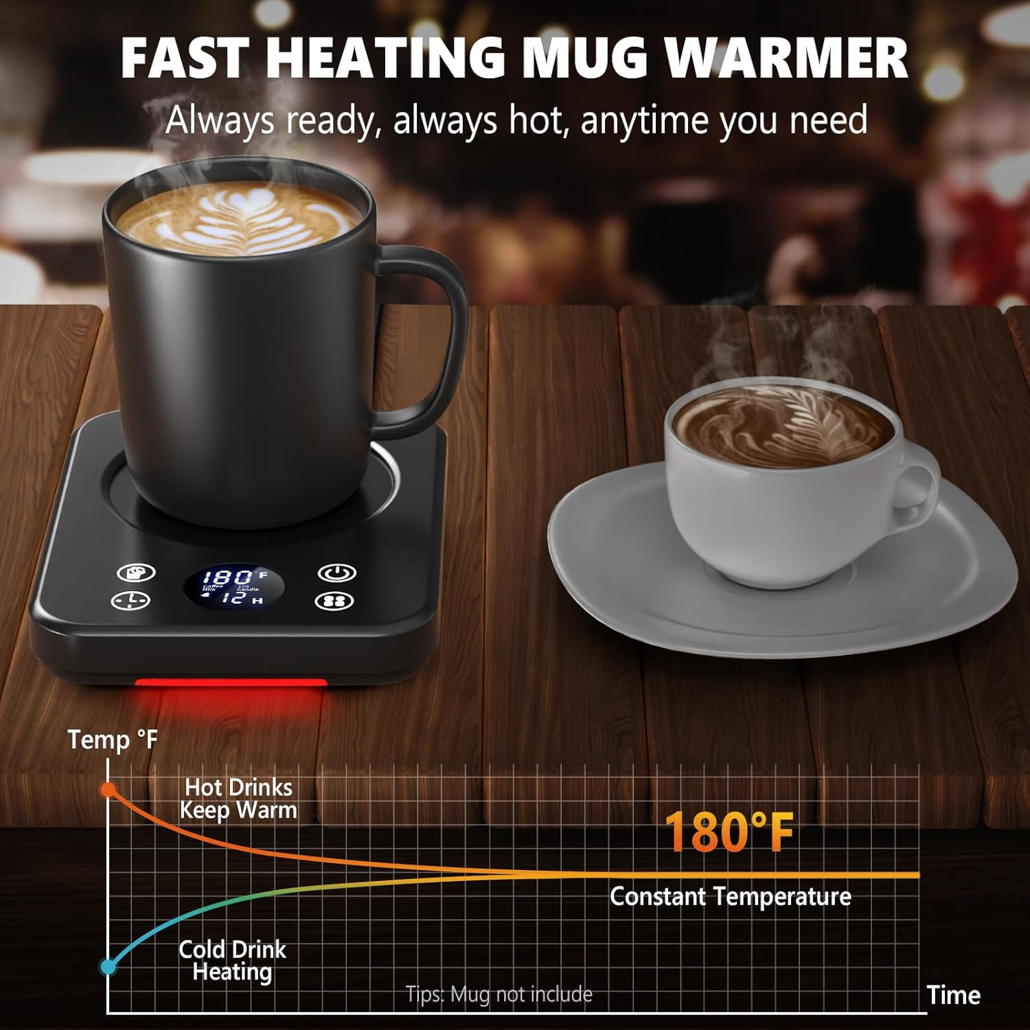 Tassenwärmer mit Digitalanzeige, hält eine schwarze Tasse und eine weiße Tasse auf Untertasse.