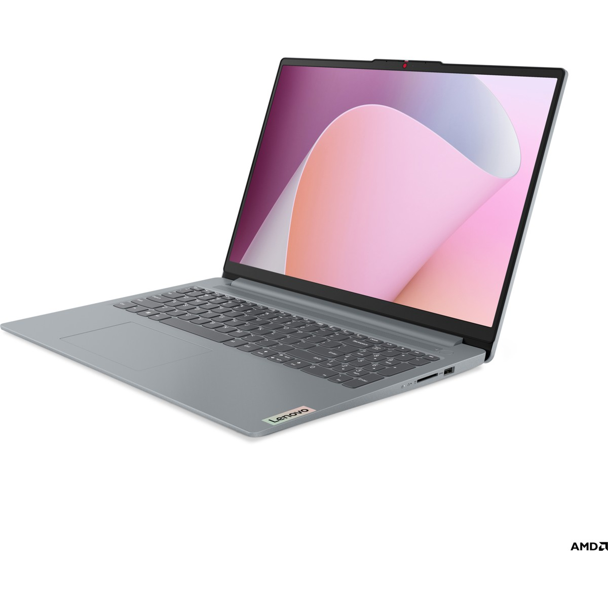 Soyut desen gösteren klavyeli ve ekranlı gri Lenovo dizüstü bilgisayar.