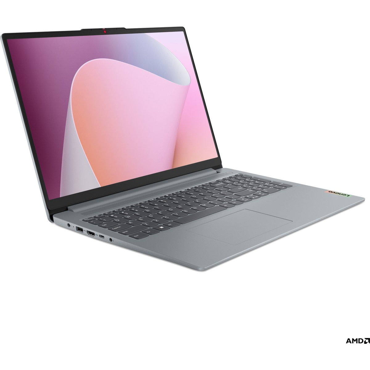 Arkadan aydınlatmalı klavyeli ve şık duvar kağıtlı gri Lenovo dizüstü bilgisayar.