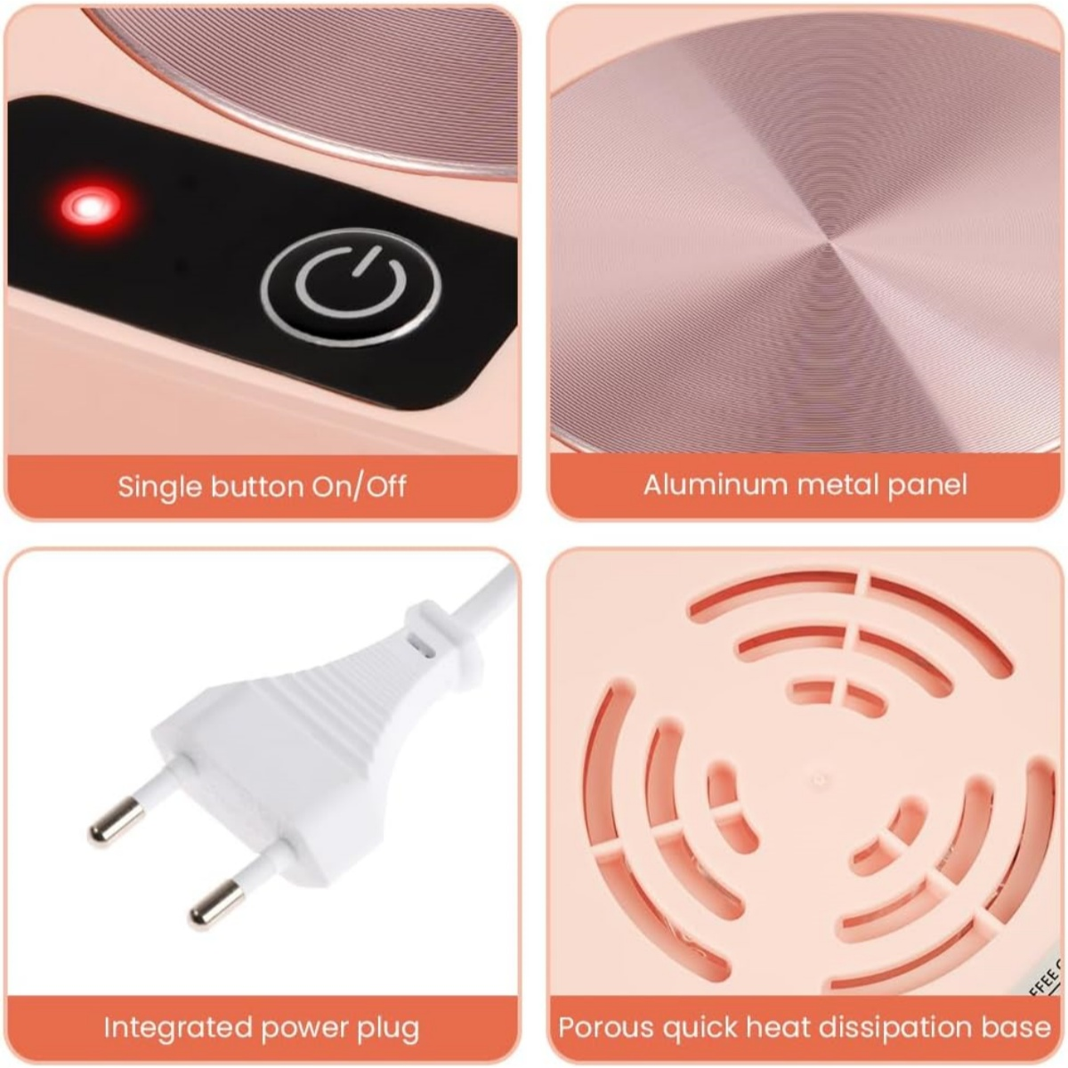 Pink Gerät: Ein-/Aus-Knopf, Aluminiumplatte, Stecker, Lüftungsgitter.