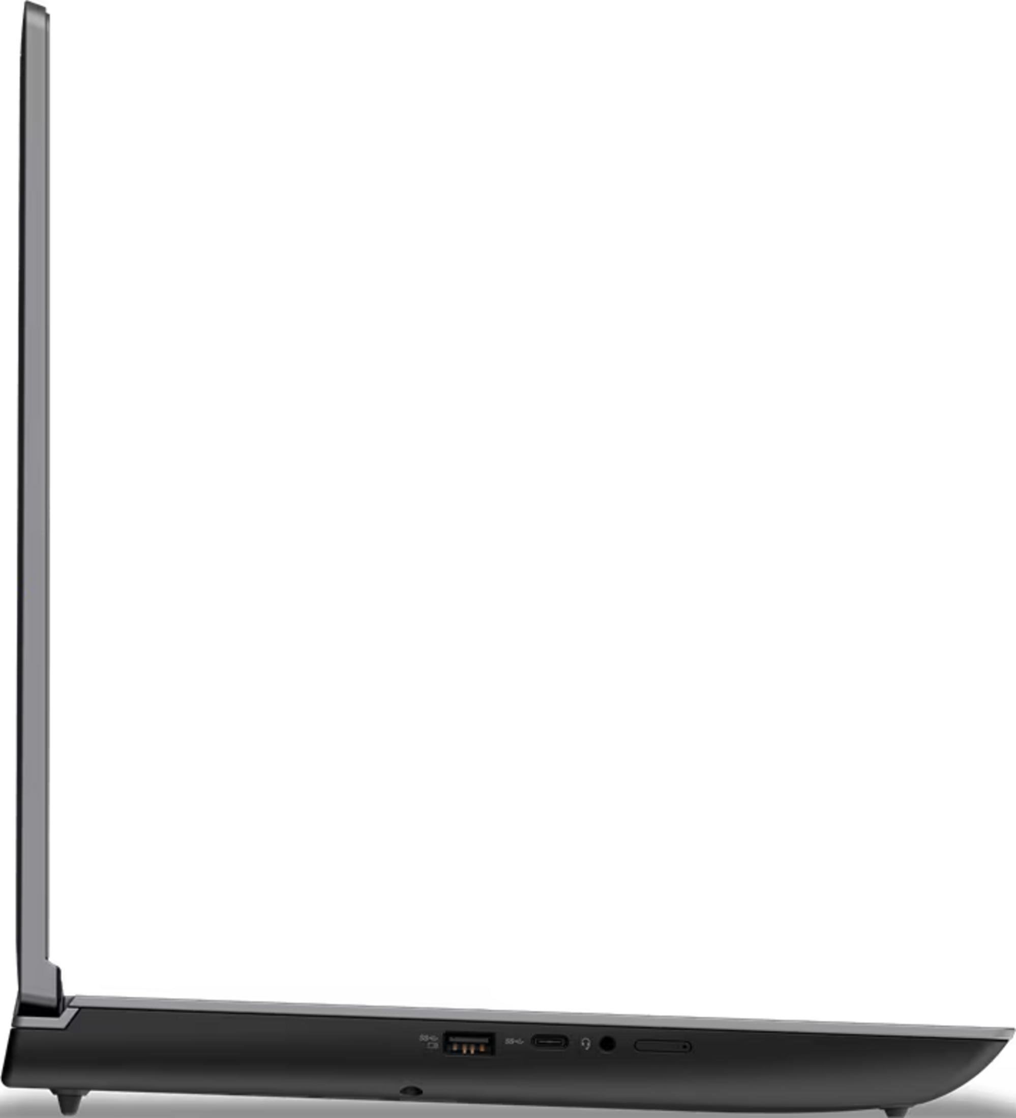 Seitenansicht eines schwarzen Laptops mit USB-Anschlüssen und Kopfhörerbuchse.
