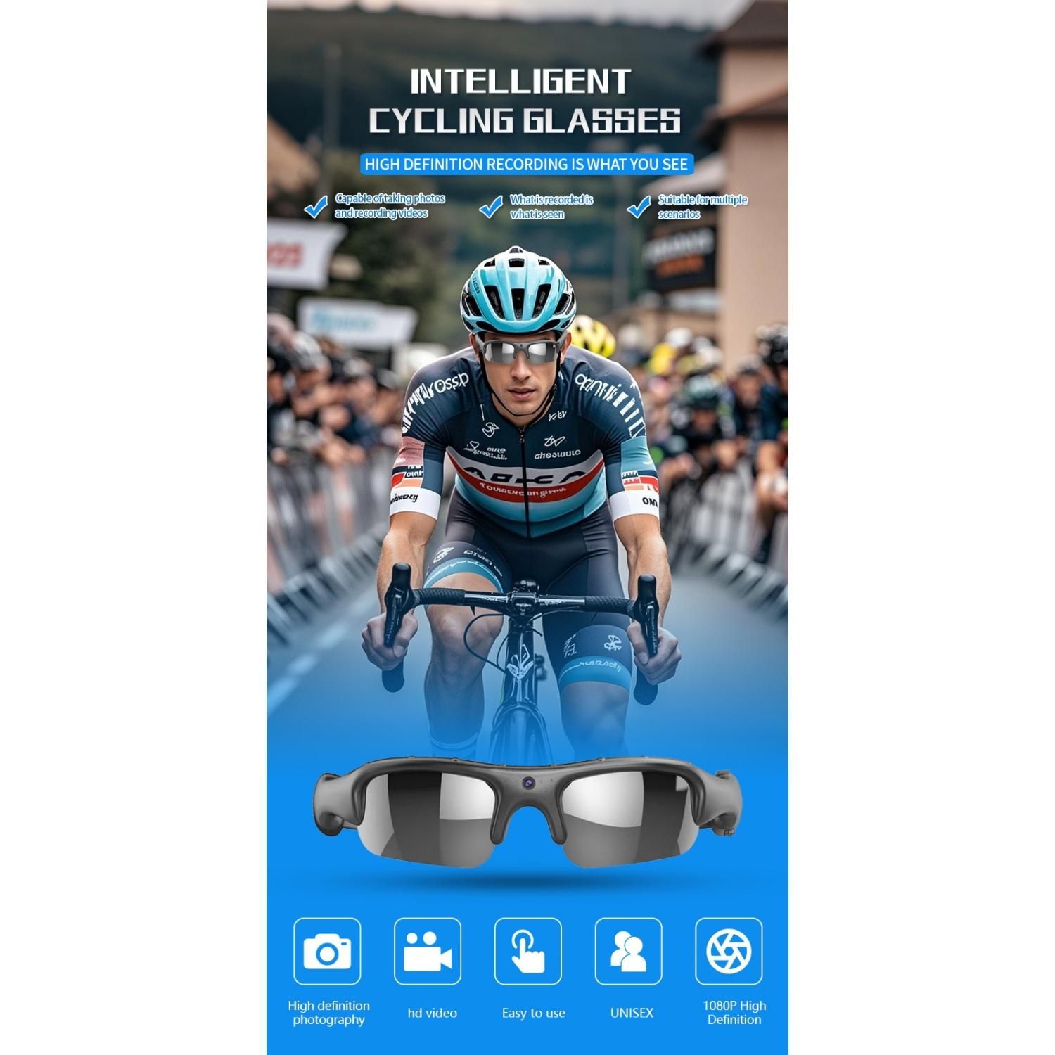 Intelligente Radsportbrille mit HD-Aufnahme, gezeigt mit Radfahrer und Symbolen.