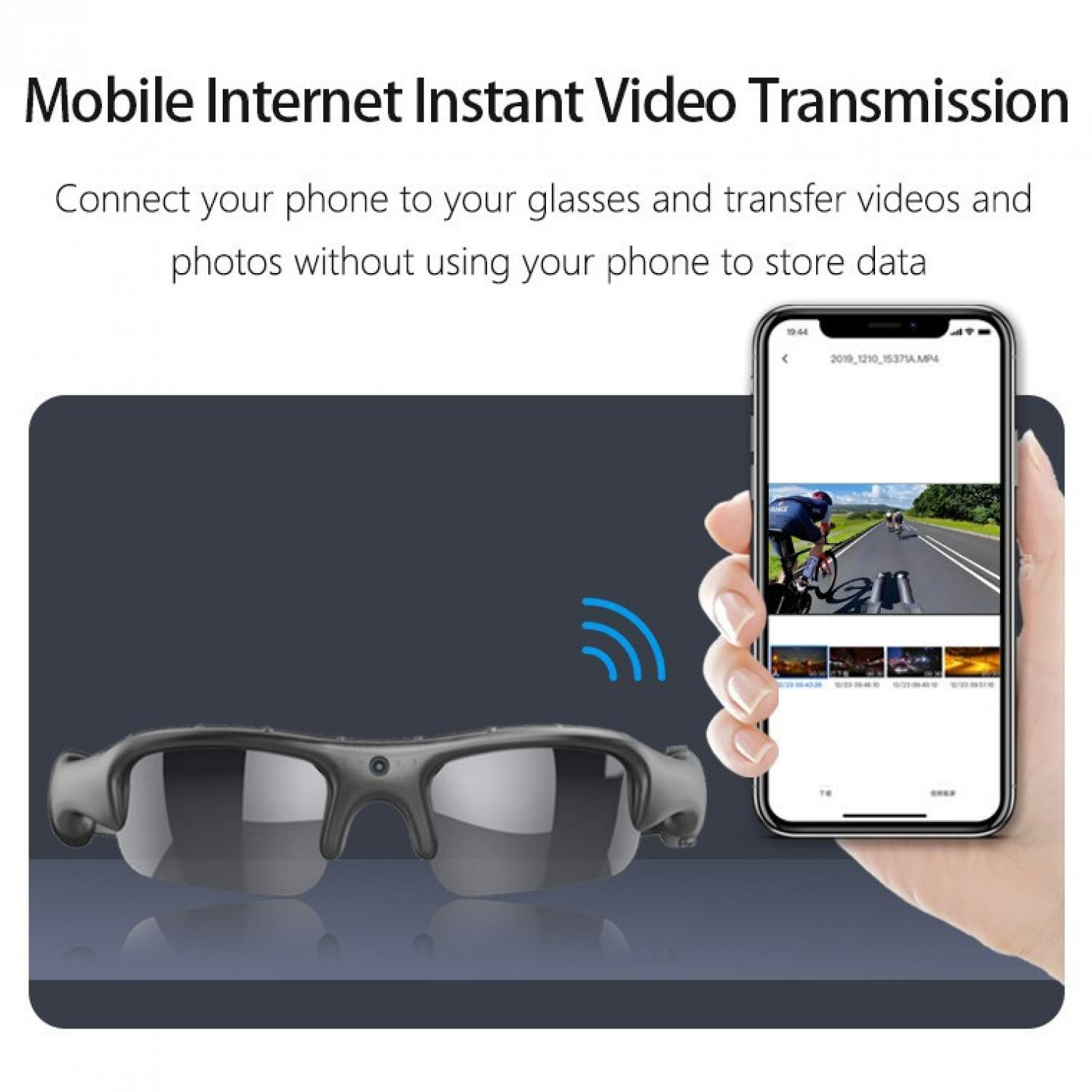 Kamerabrille und Handy zeigen Videoclips vom Radfahren. Drahtloses Symbol.
