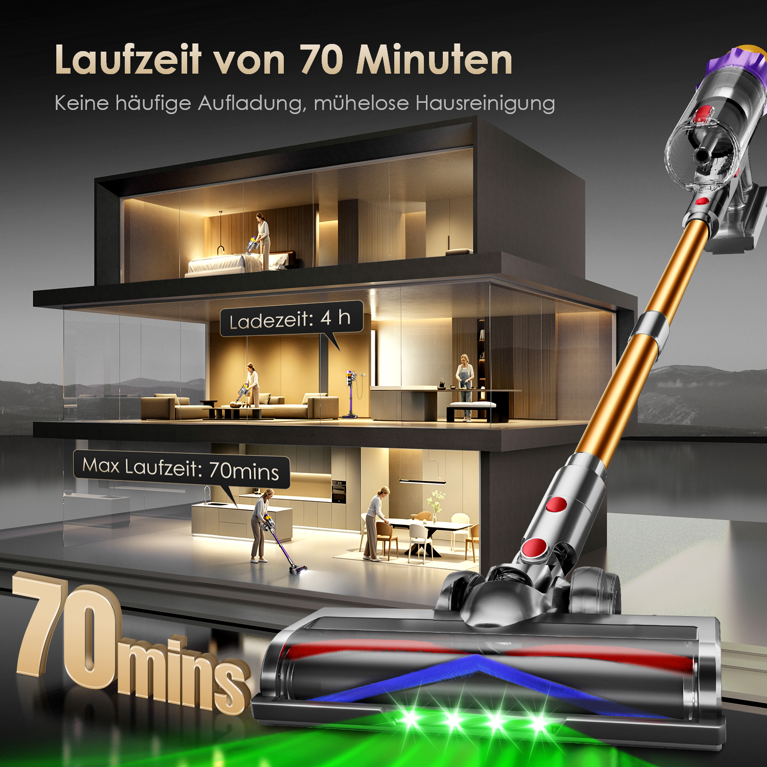 Kabelloser Staubsauger mit 70 Min Laufzeit und 4 Std Ladezeit, zeigt Hausreinigung.