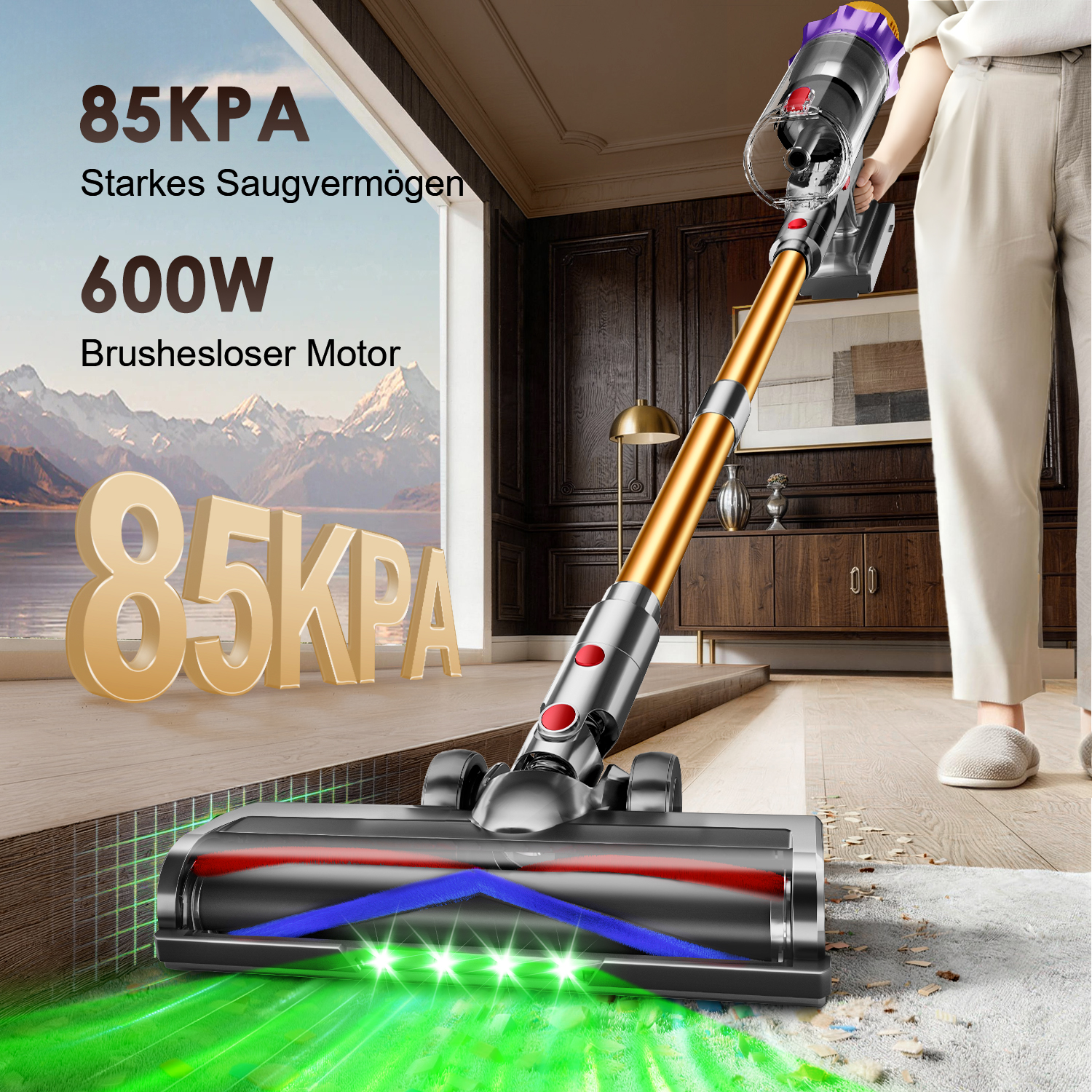 Ein kabelloser Staubsauger mit 85KPA Saugkraft und 600W Motor reinigt einen Teppichboden.
