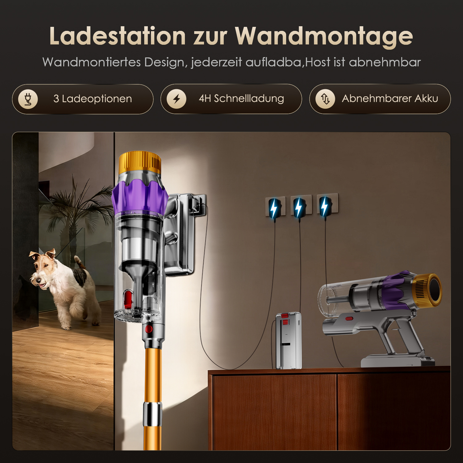 Ein Hund rennt vorbei an einem Staubsauger an einer Wandladestation.