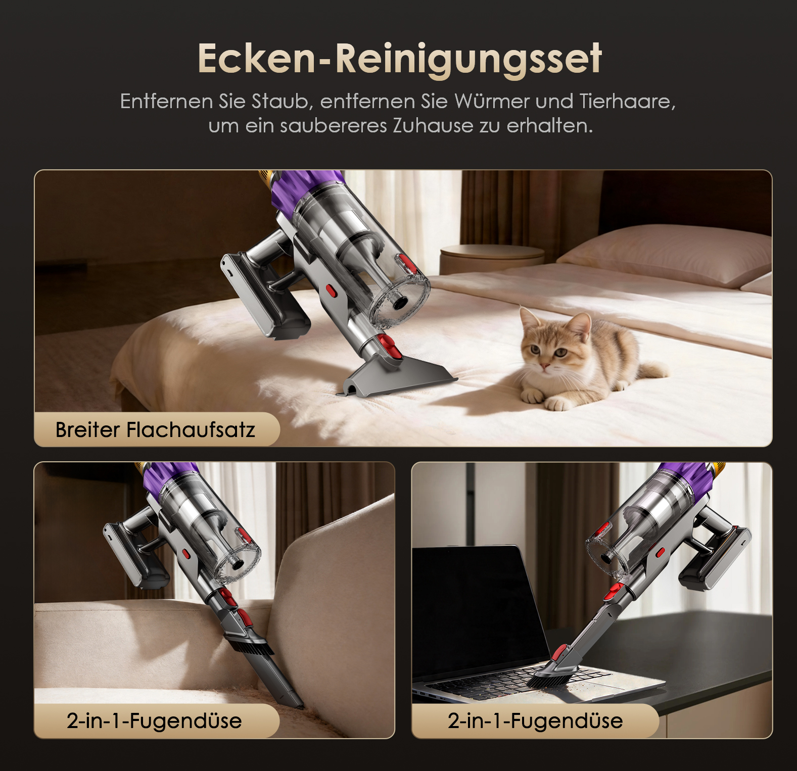 Staubsauger-Set mit Aufsätzen für Ecken, Sofa und Laptop.