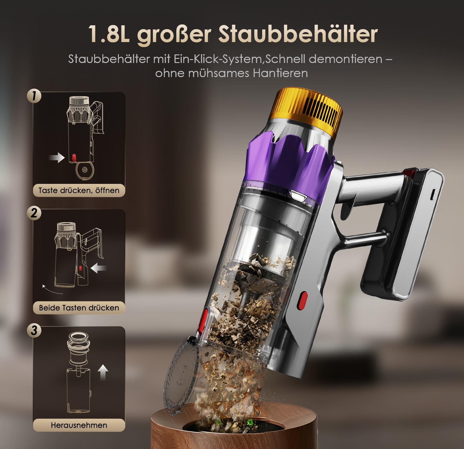 Ein Handstaubsauger leert seinen Staubbehälter in einen Behälter.