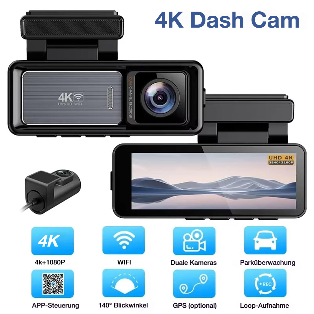 4K Dashcam mit zwei Kameras und Zubehör. Zeigt Funktionen wie WiFi, GPS und Parküberwachung.