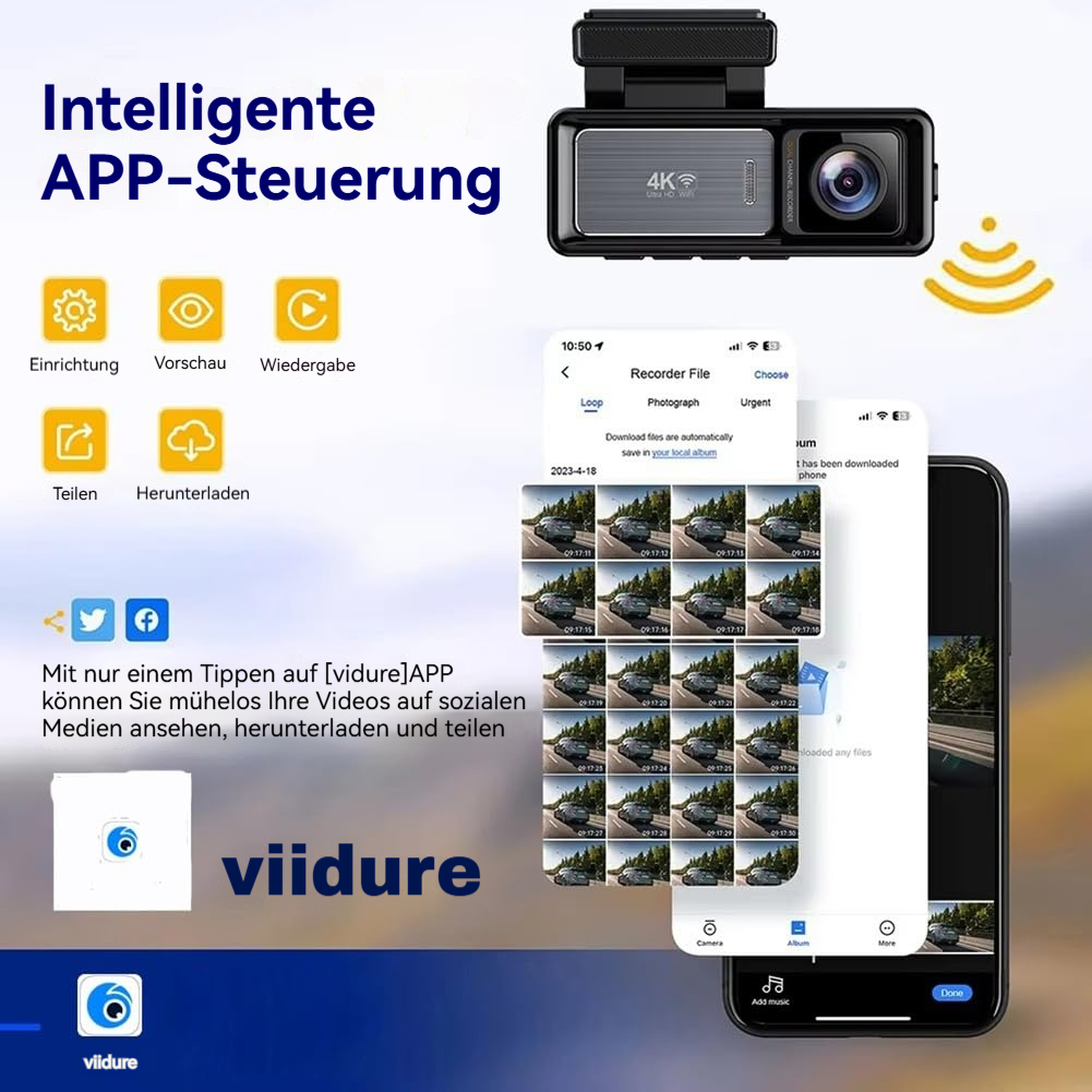 App-gesteuerte Dashcam mit Smartphone-Anzeige für Videoaufnahmen und Verwaltung.