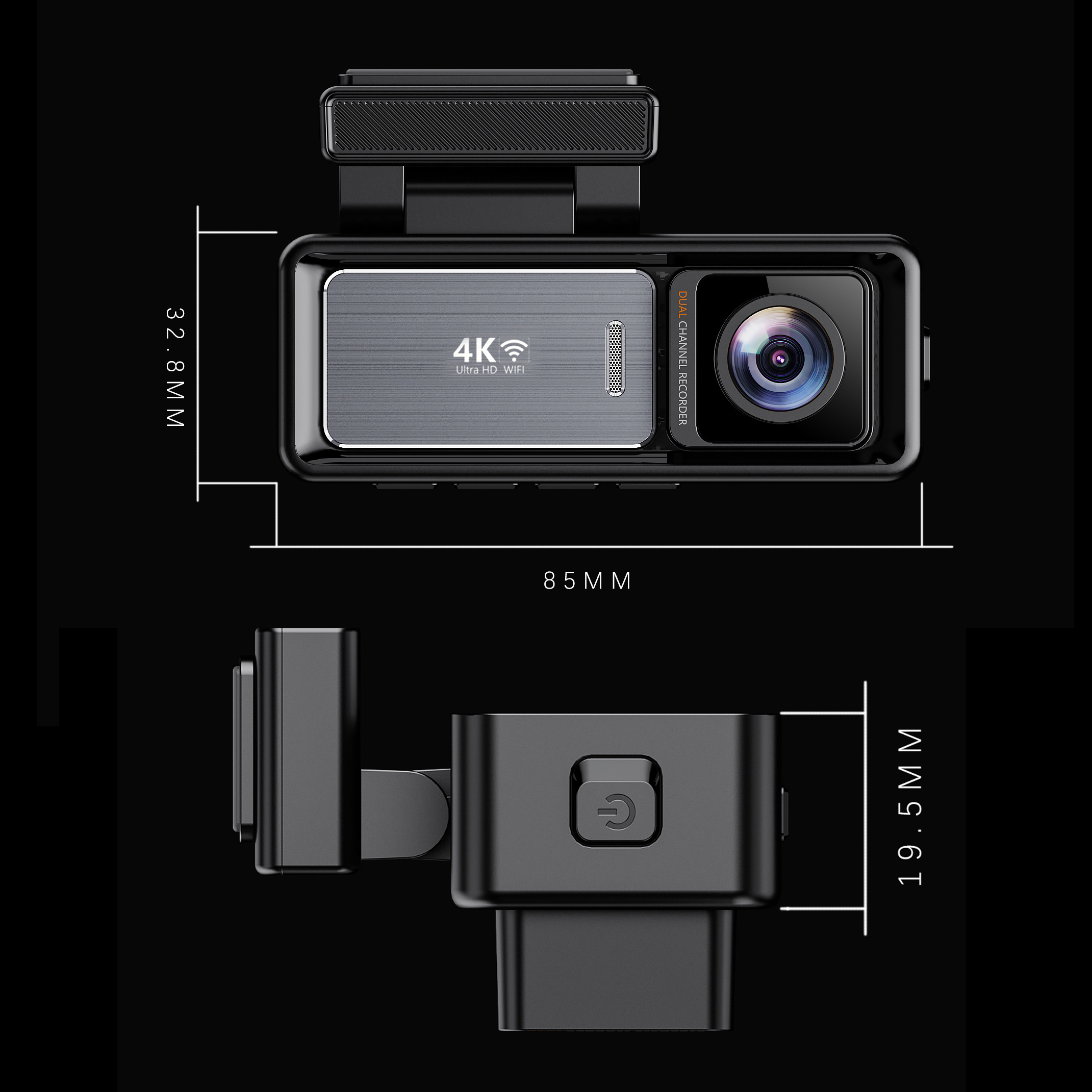 Ein schwarzer Dual-Channel-Recorder mit 4K Ultra HD WiFi-Aufnahme.