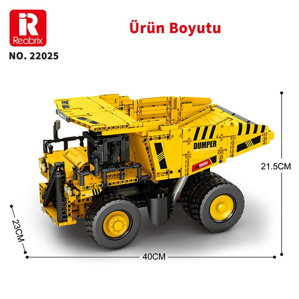 40x23x21.5cm boyutlarında sarı inşaat oyuncağı damperli kamyon.