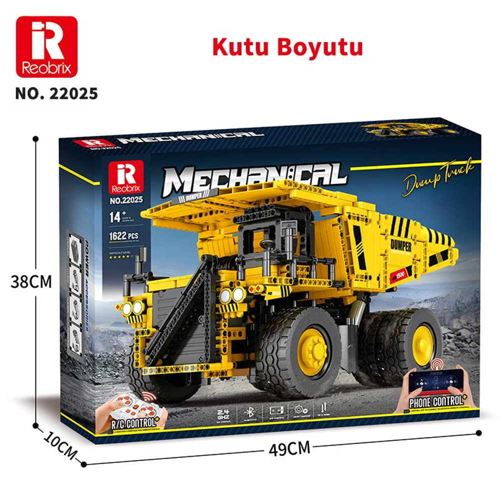 Sarı damperli kamyon yapım bloğu set kutusu boyutlarıyla. Uzaktan kumanda gösteriliyor.