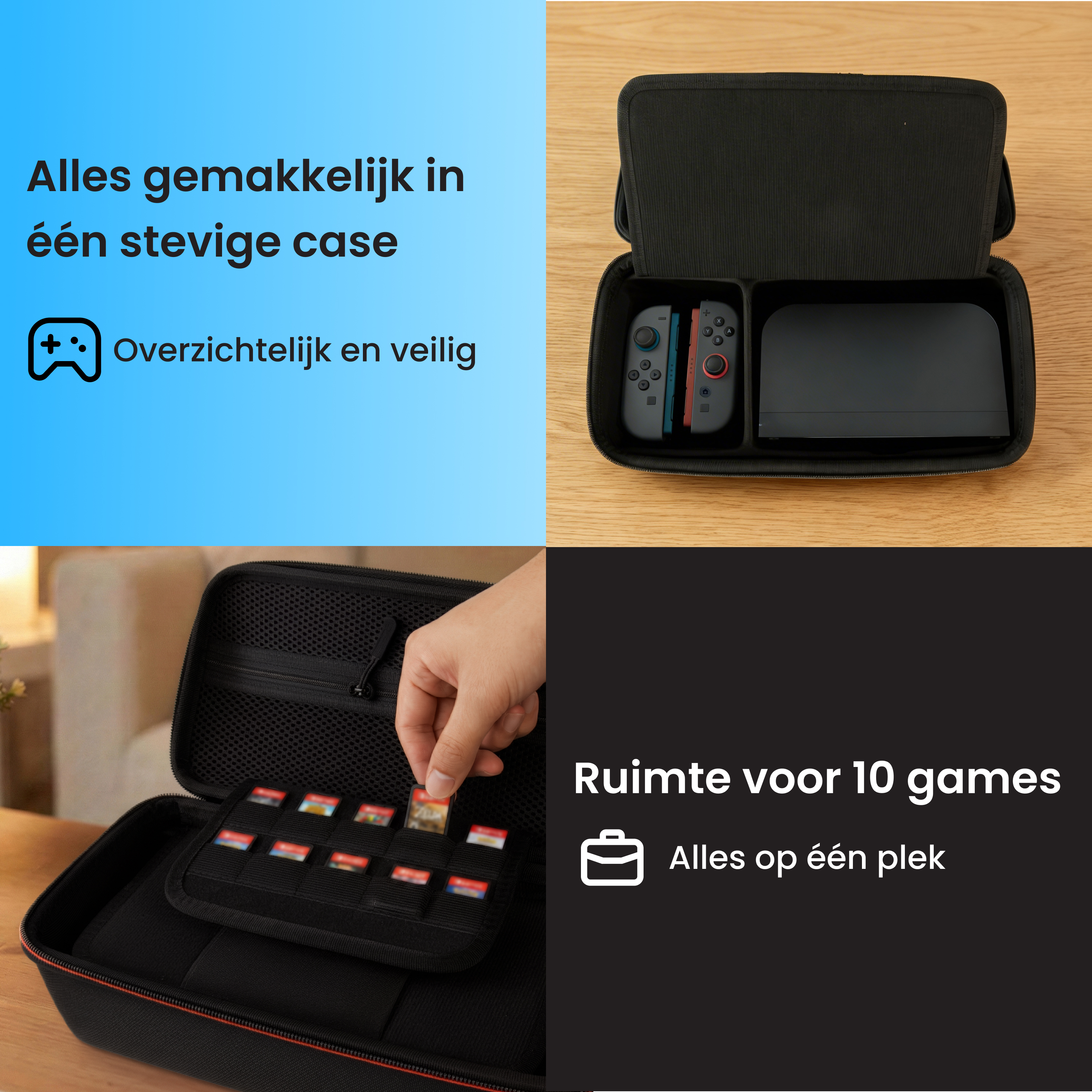 Zwarte Nintendo Switch case met controller, dock en 10 games.
