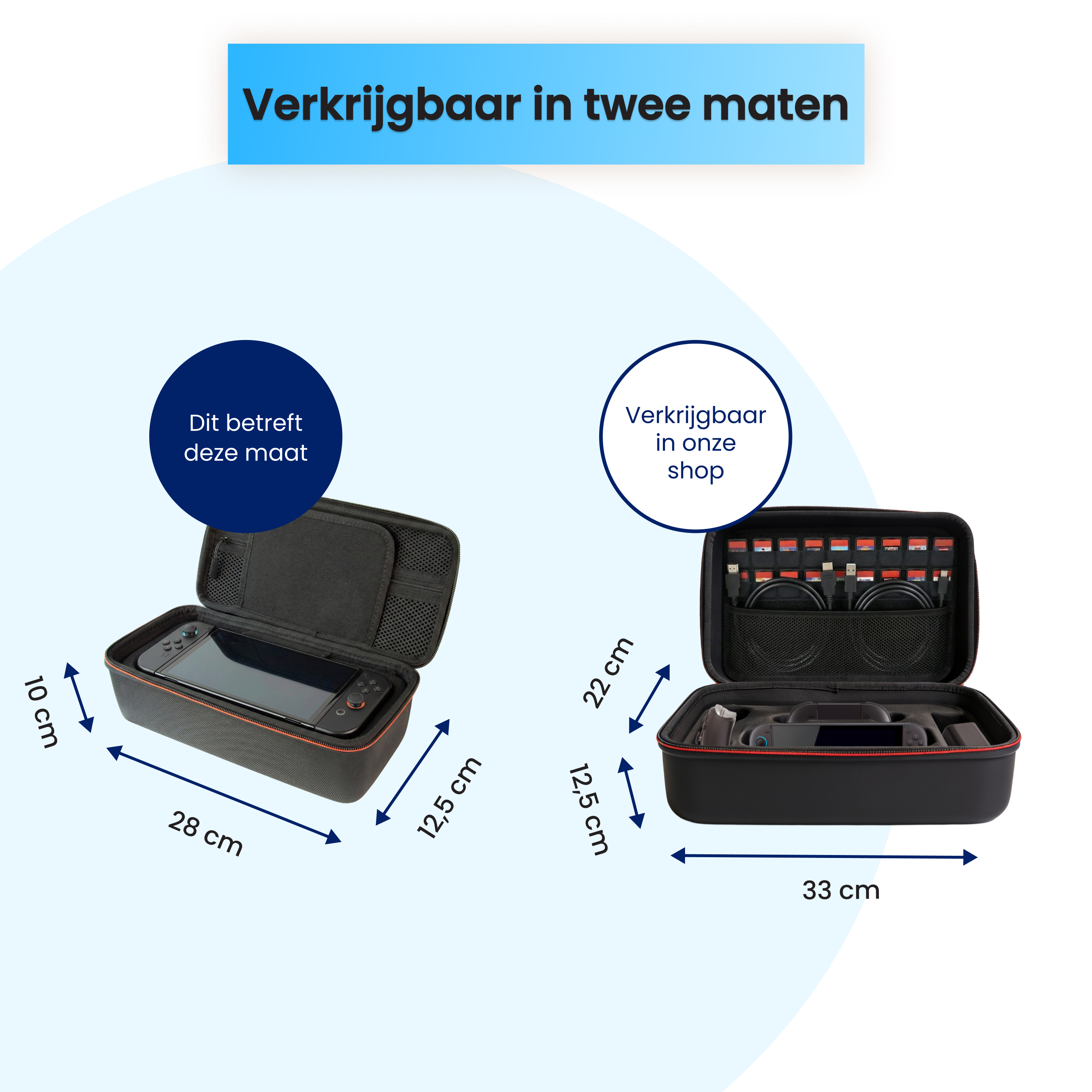 Twee draagtassen voor spelconsoles met afmetingen.