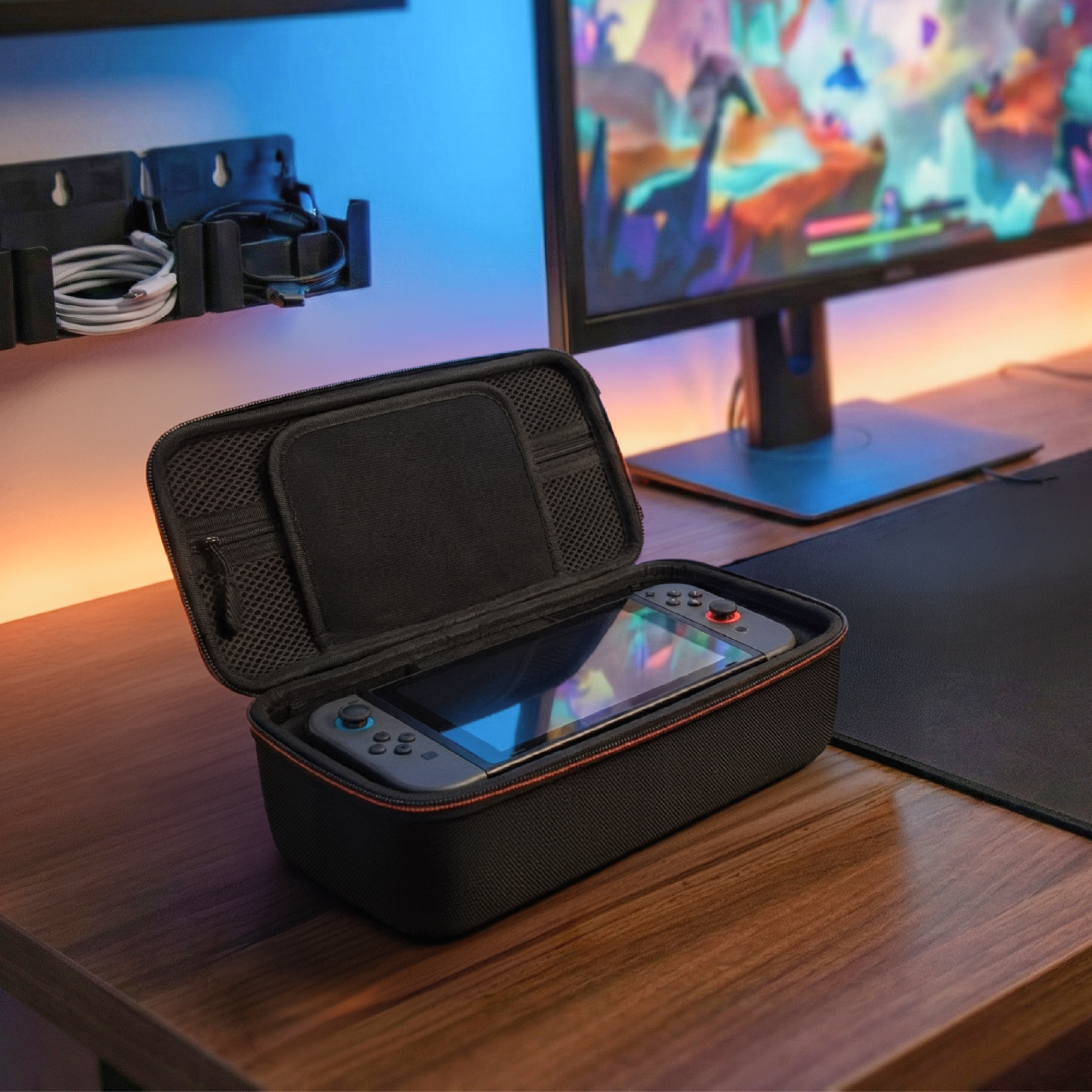 Een grijze spelcomputer in een zwarte hoes ligt op een houten bureau naast een monitor.