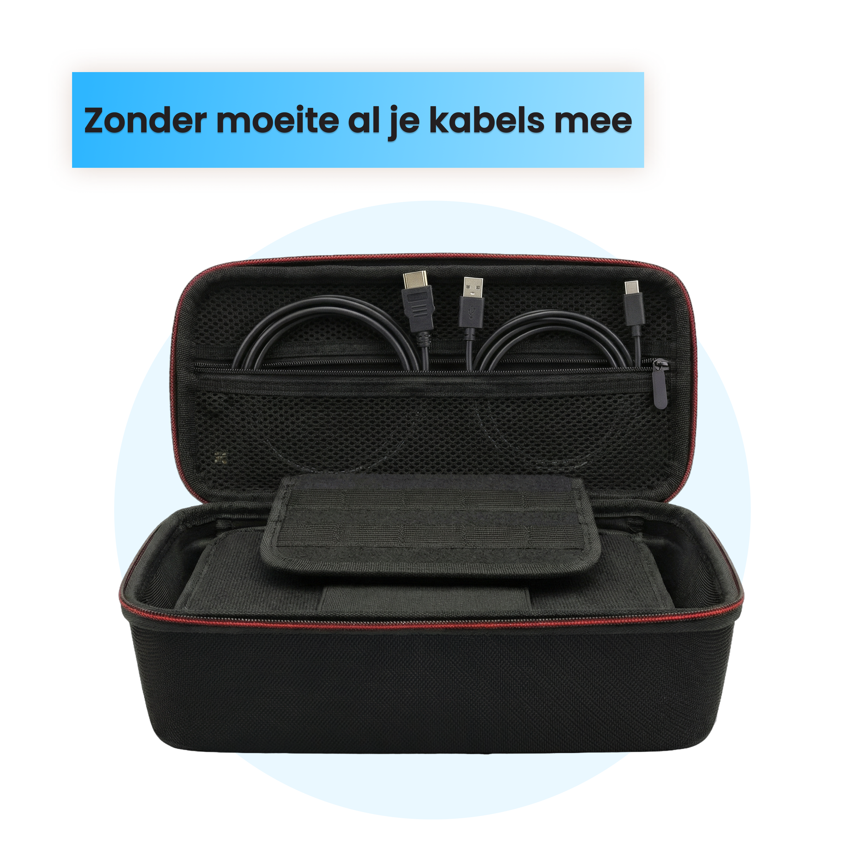 Zwarte tas met HDMI-, USB-A- en USB-C-kabels.