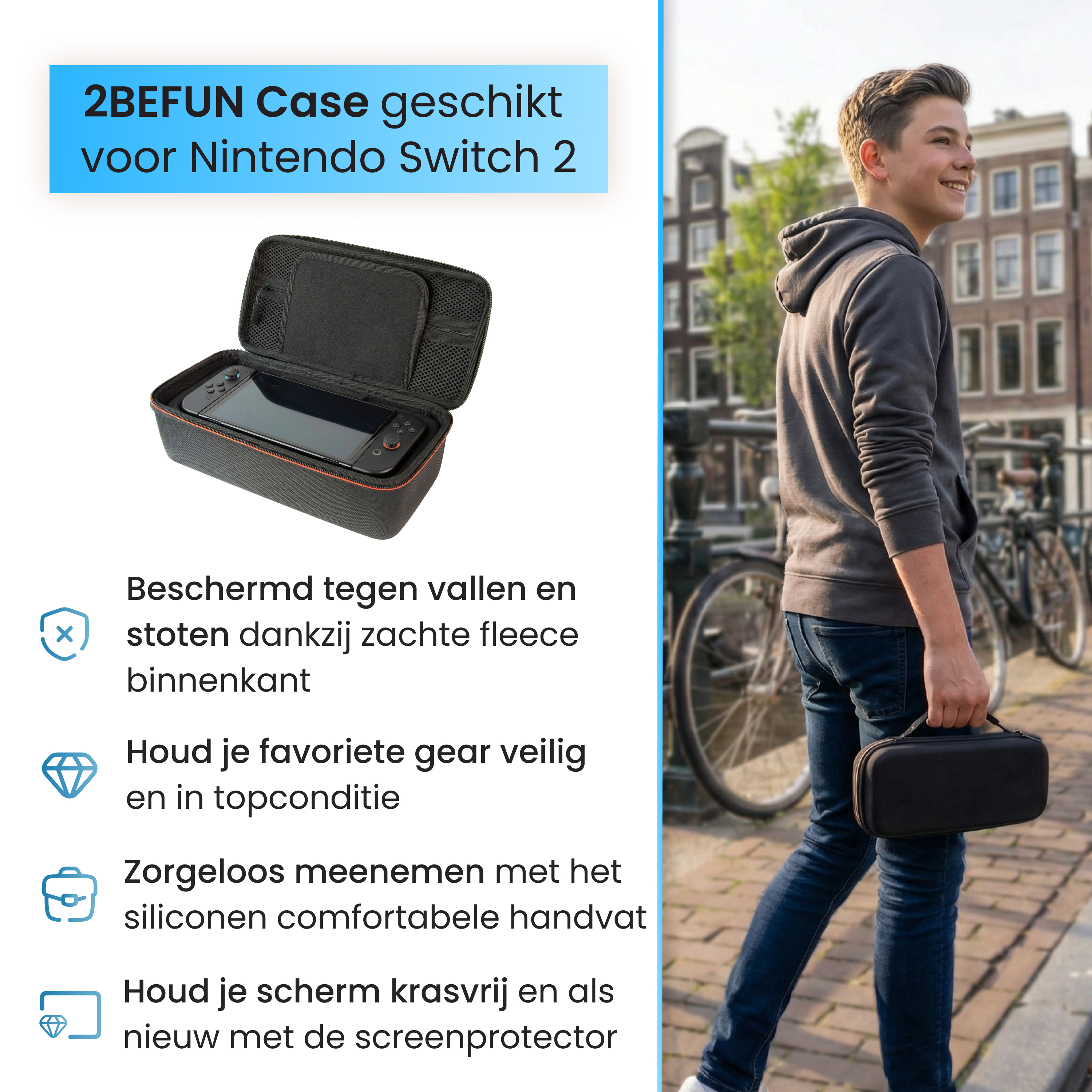 Jongen met Nintendo Switch case in Amsterdam