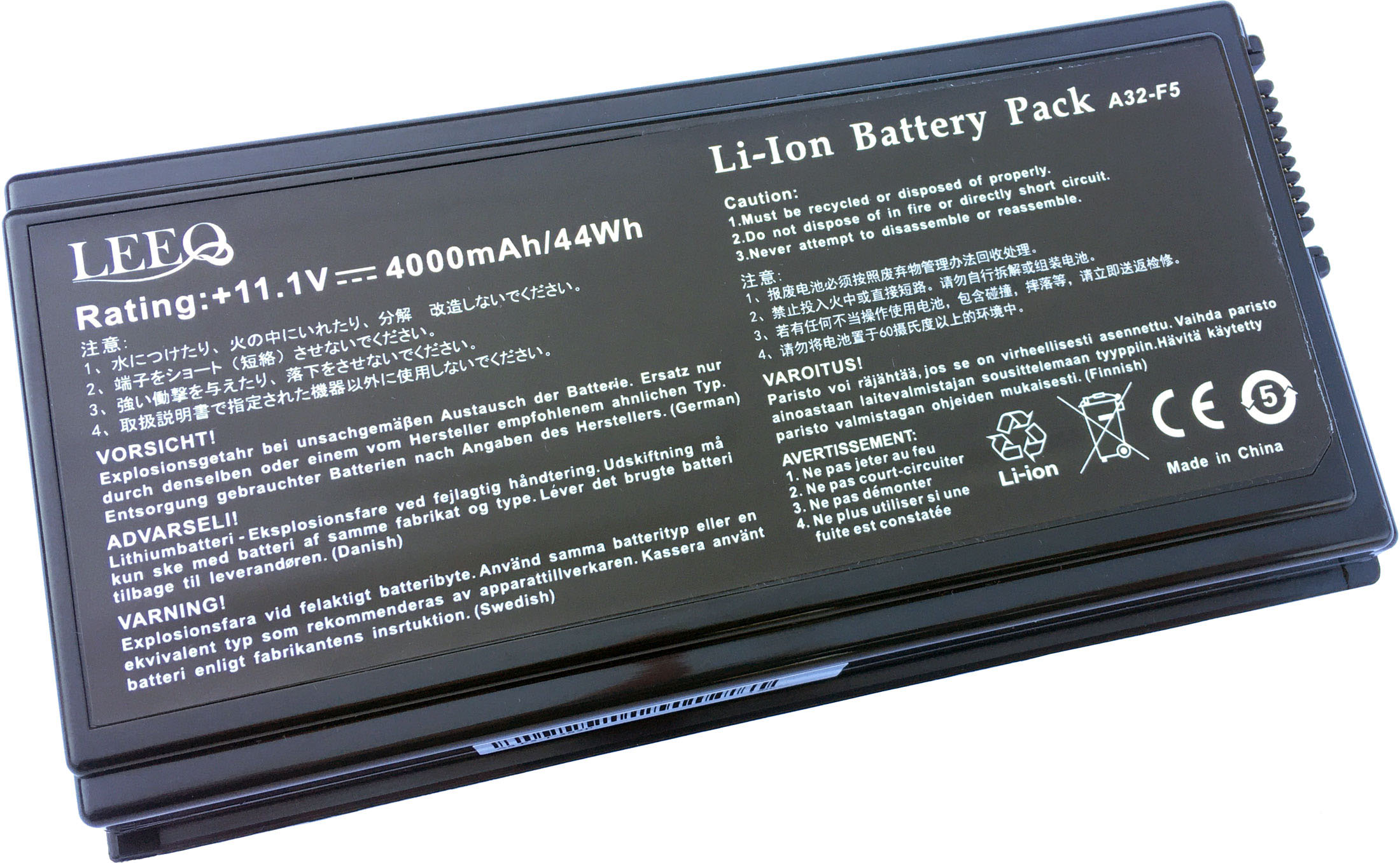 Czarny akumulator Li-Ion z wielojęzycznym tekstem i symbolami, 11,1V 4000mAh.