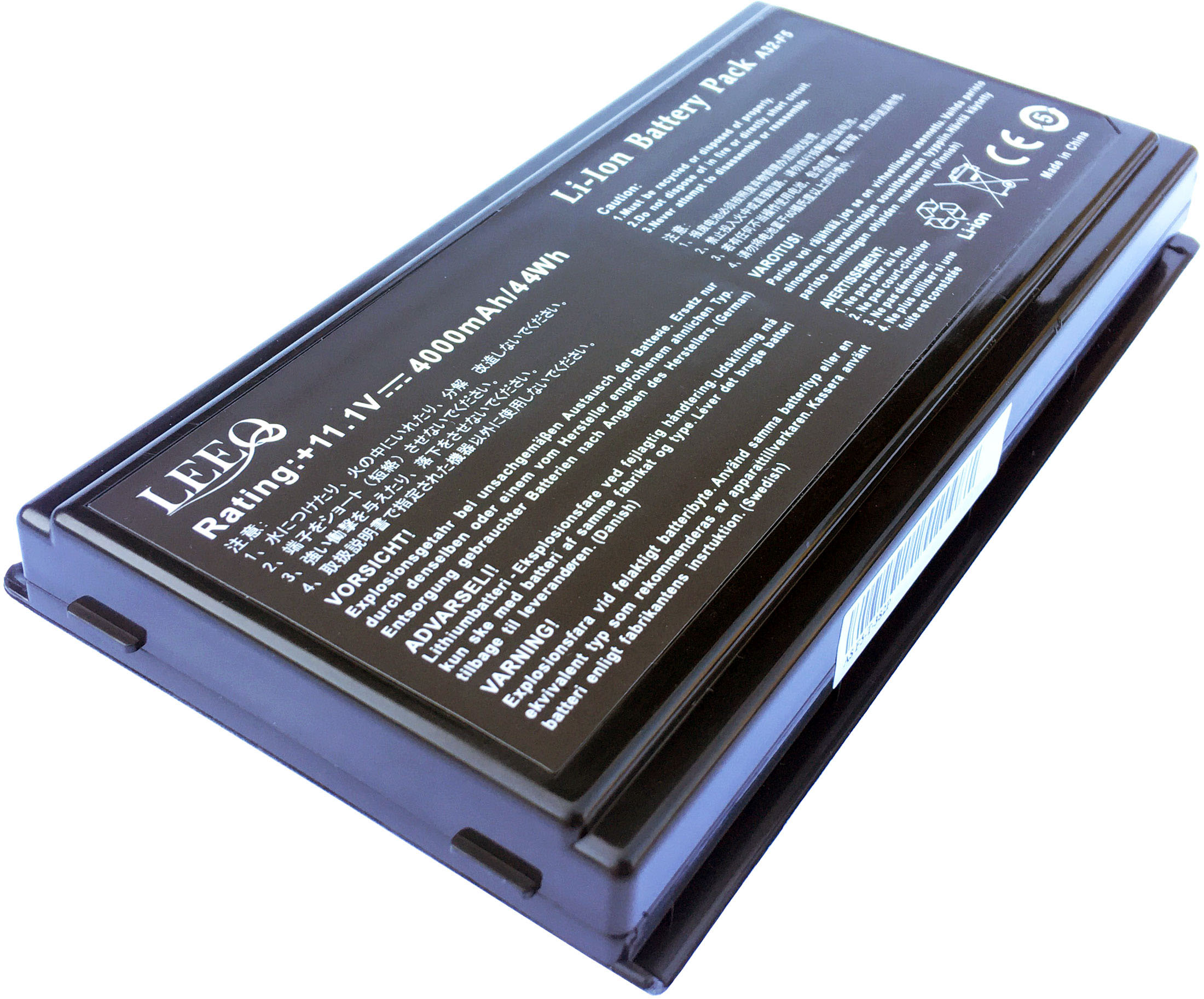 Czarna bateria Li-Ion z napisem: Rating: +11.1V 4000mAh/44Wh. Ostrzeżenia.