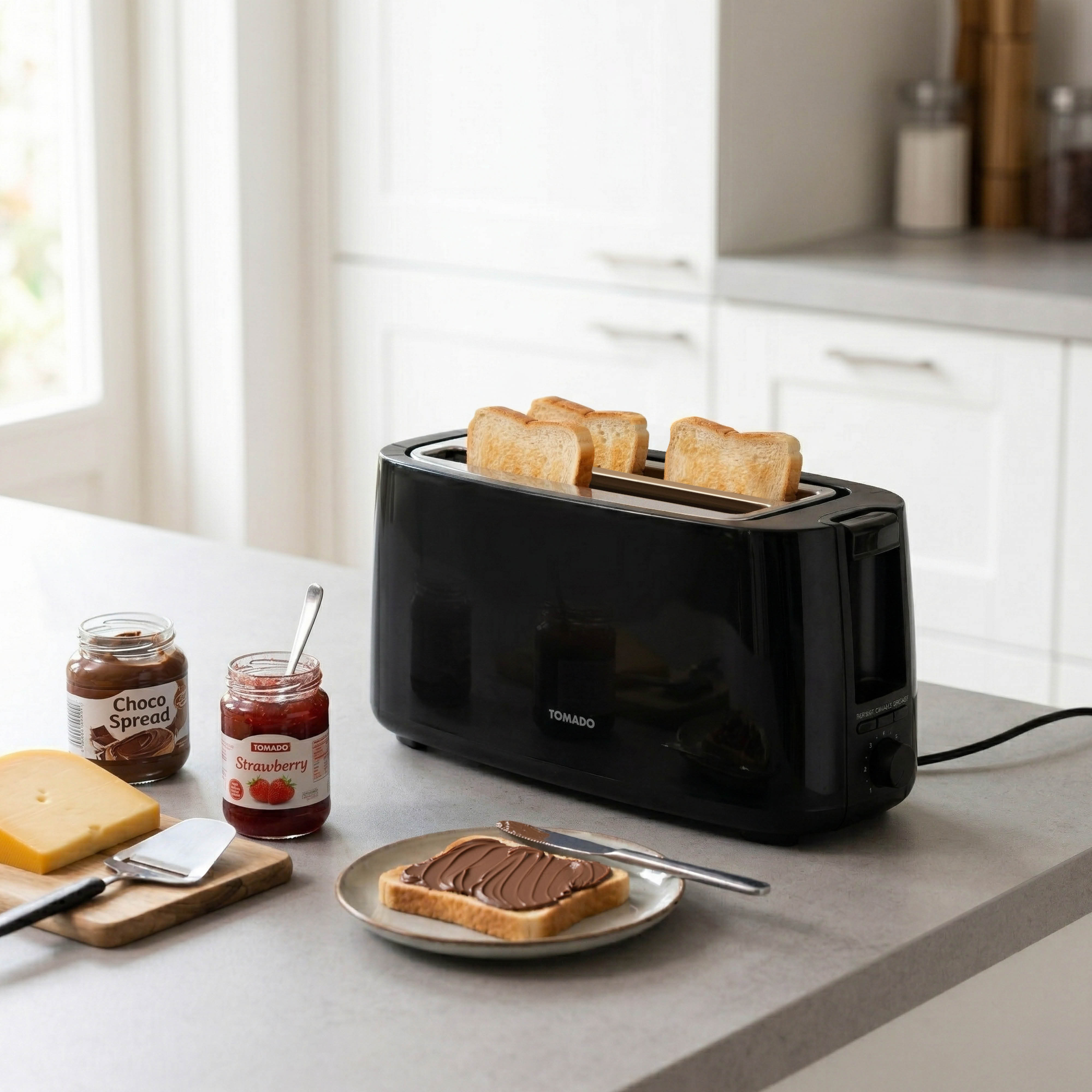 Ein schwarzer Toaster mit vier Toastbrotscheiben, daneben Marmelade, Schokoaufstrich und Käse.