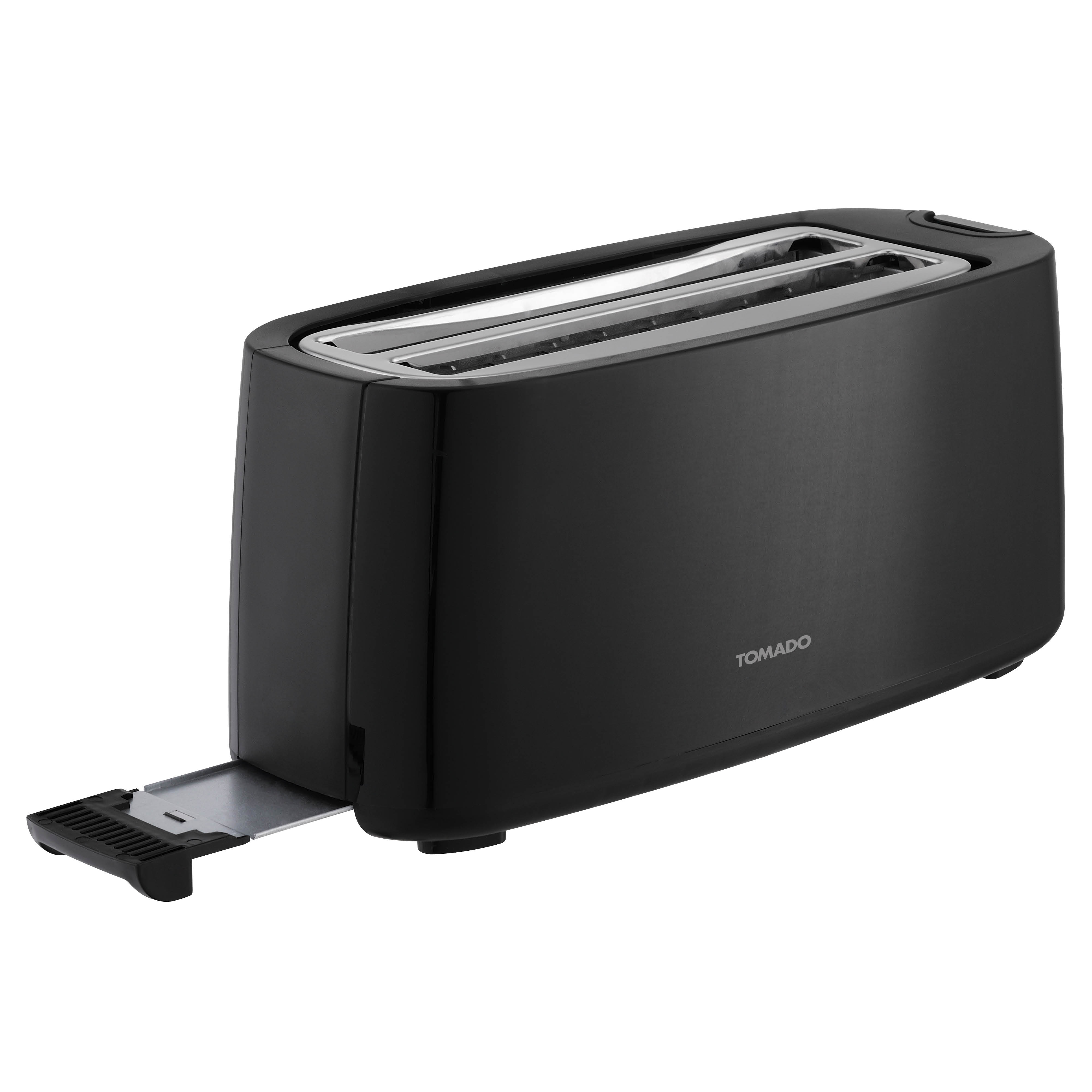 Ein schwarzer Toaster mit zwei Schlitzen und einem ausziehbaren Fach.