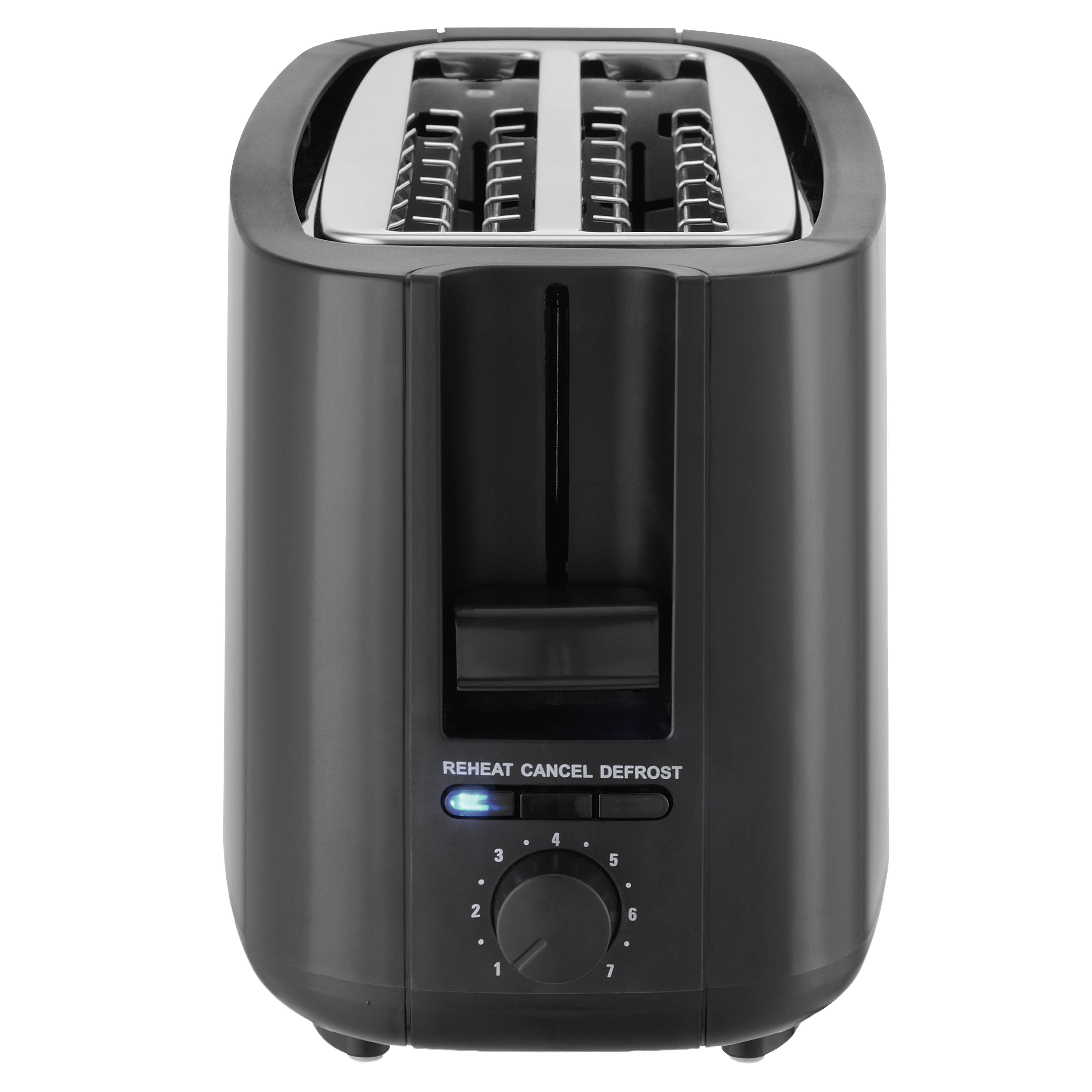Ein schwarzer Toaster mit zwei Schlitzen und einem Drehregler.