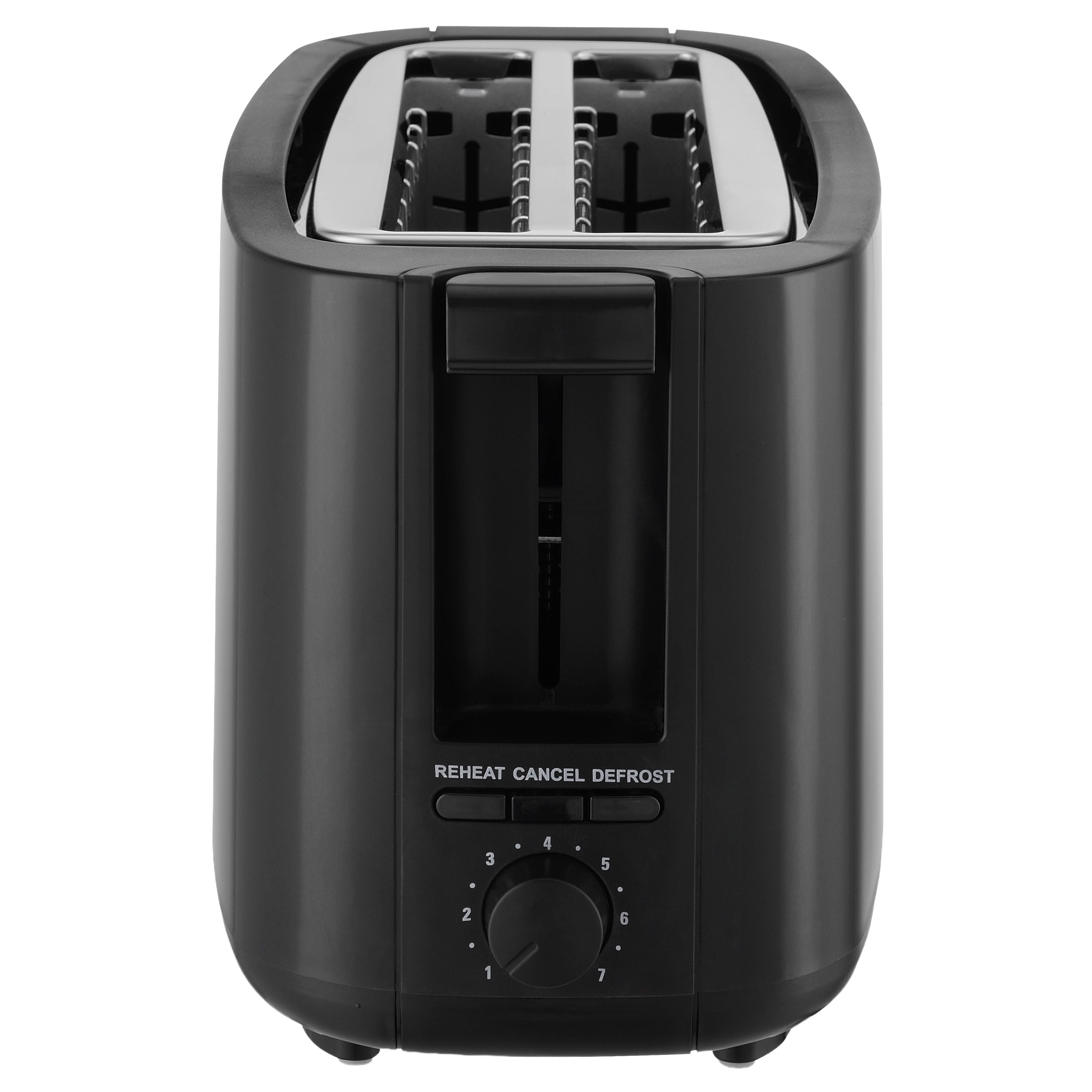 Schwarzer Toaster mit zwei Schlitzen und Bedienelementen.