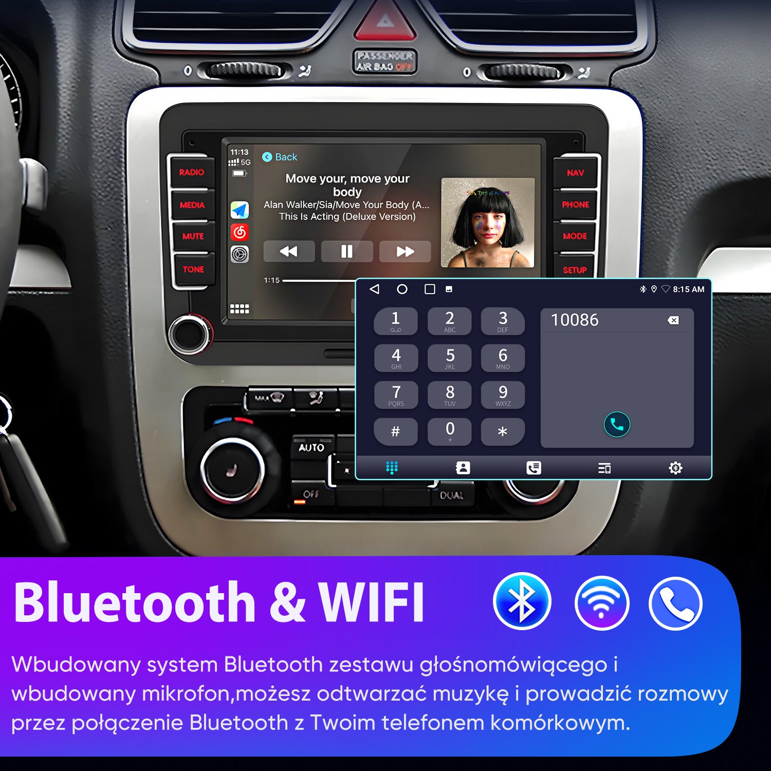 System infotainment samochodu wyświetlający muzykę i aplikację telefonu.