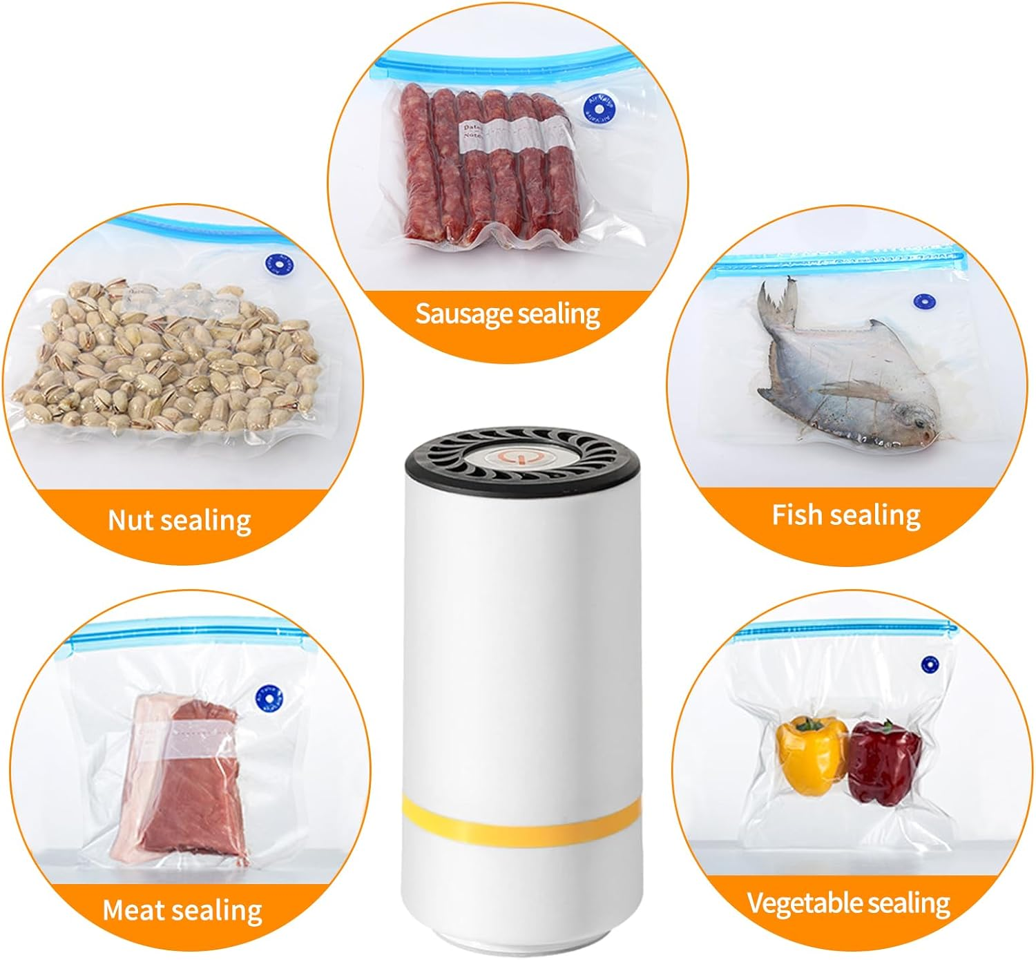 Ein weißer Vakuumierer mit fünf versiegelten Lebensmitteln: Wurst, Nüsse, Fisch, Fleisch, Gemüse.