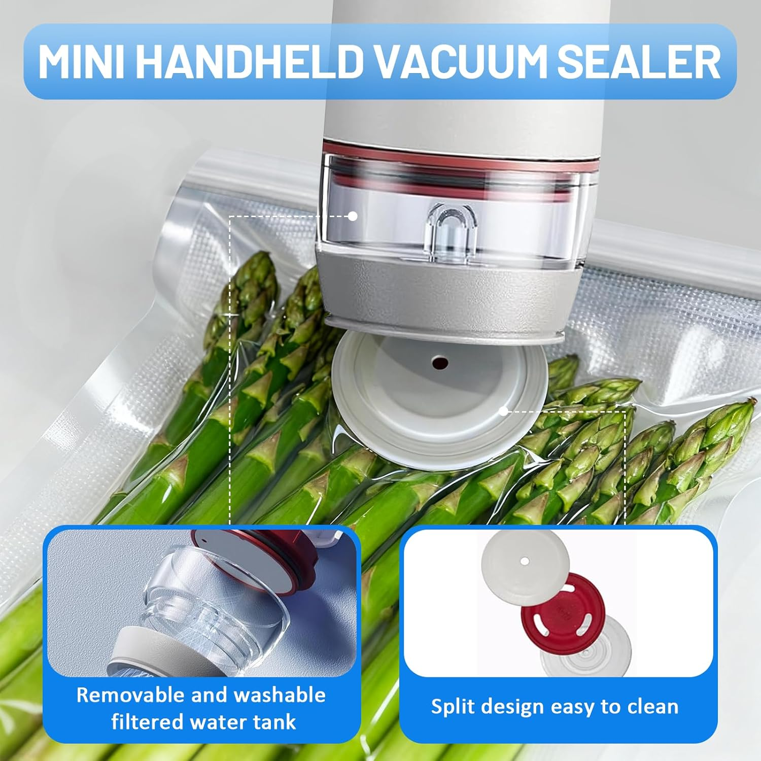 Mini Handheld Vakuumierer versiegelt Spargel; abnehmbarer Wassertank.